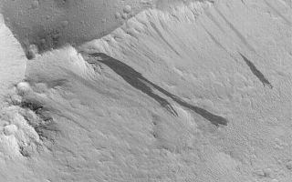 <h1>PIA05696:  Lycus Sulci Slope Streaks</h1><div class="PIA05696" lang="en" style="width:541px;text-align:left;margin:auto;background-color:#000;padding:10px;max-height:150px;overflow:auto;">21 March 2004<br />This Mars Global Surveyor (MGS) Mars Orbiter Camera (MOC) image shows dark slope streaks on ridges in the Lycus Sulci region, north of the Olympus Mons volcano. Slope streaks form in the dry, dust-mantled regions of Mars. The darker streaks formed more recently than lighter ones, perhaps within the past Mars year or two. These streaks are located near 24.1°N, 146.1°W. This picture covers an area about 3 km (1.9 mi) across. Sunlight illuminates the scene from the lower left.<br /><br /><a href="http://photojournal.jpl.nasa.gov/catalog/PIA05696" onclick="window.open(this.href); return false;" title="Voir l'image 	 PIA05696:  Lycus Sulci Slope Streaks	  sur le site de la NASA">Voir l'image 	 PIA05696:  Lycus Sulci Slope Streaks	  sur le site de la NASA.</a></div>