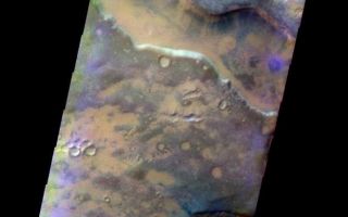 <h1>PIA05939:  False-color Dalmatian Terrain</h1><div class="PIA05939" lang="en" style="width:658px;text-align:left;margin:auto;background-color:#000;padding:10px;max-height:150px;overflow:auto;"><a href="/figures/PIA05939_fig1.jpg"> </a><br /><p>Released 10 May 2004</br>This daytime visible color image was collected on May 18, 2003 during the Southern Spring season in Noachis Terra.</p><p>The THEMIS VIS camera is capable of capturing color images of the martian surface using its five different color filters. In this mode of operation, the spatial resolution and coverage of the image must be reduced to accommodate the additional data volume produced from the use of multiple filters. To make a color image, three of the five filter images (each in grayscale) are selected. Each is contrast enhanced and then converted to a red, green, or blue intensity image. These three images are then combined to produce a full color, single image. Because the THEMIS color filters don't span the full range of colors seen by the human eye, a color THEMIS image does not represent true color. Also, because each single-filter image is contrast enhanced before inclusion in the three-color image, the apparent color variation of the scene is exaggerated. Nevertheless, the color variation that does appear is representative of some change in color, however subtle, in the actual scene. Note that the long edges of THEMIS color images typically contain color artifacts that do not represent surface variation.</p><p>Image information: VIS instrument. Latitude -74, Longitude 351.9 East (8.1 West). 38 meter/pixel resolution.</p><p>Note: this THEMIS visual image has not been radiometrically nor geometrically calibrated for this preliminary release. An empirical correction has been performed to remove instrumental effects. A linear shift has been applied in the cross-track and down-track direction to approximate spacecraft and planetary motion. Fully calibrated and geometrically projected images will be released through the Planetary Data System in accordance with Project policies at a later time.</p><p>NASA's Jet Propulsion Laboratory manages the 2001 Mars Odyssey mission for NASA's Office of Space Science, Washington, D.C. The Thermal Emission Imaging System (THEMIS) was developed by Arizona State University, Tempe, in collaboration with Raytheon Santa Barbara Remote Sensing. The THEMIS investigation is led by Dr. Philip Christensen at Arizona State University. Lockheed Martin Astronautics, Denver, is the prime contractor for the Odyssey project, and developed and built the orbiter. Mission operations are conducted jointly from Lockheed Martin and from JPL, a division of the California Institute of Technology in Pasadena.</p><br /><br /><a href="http://photojournal.jpl.nasa.gov/catalog/PIA05939" onclick="window.open(this.href); return false;" title="Voir l'image 	 PIA05939:  False-color Dalmatian Terrain	  sur le site de la NASA">Voir l'image 	 PIA05939:  False-color Dalmatian Terrain	  sur le site de la NASA.</a></div>