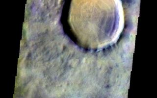 <h1>PIA06001:  Acidalia Planitia Crater</h1><div class="PIA06001" lang="en" style="width:615px;text-align:left;margin:auto;background-color:#000;padding:10px;max-height:150px;overflow:auto;"><a href="/figures/PIA06001_fig1.jpg"> </a><br /><p>Released 24 May 2004</br>This image of a crater in Acidalia Planitia was acquired Sept. 29, 2002, during northern spring.</p><p>The THEMIS VIS camera is capable of capturing color images of the martian surface using its five different color filters. In this mode of operation, the spatial resolution and coverage of the image must be reduced to accommodate the additional data volume produced from the use of multiple filters. To make a color image, three of the five filter images (each in grayscale) are selected. Each is contrast enhanced and then converted to a red, green, or blue intensity image. These three images are then combined to produce a full color, single image. Because the THEMIS color filters don't span the full range of colors seen by the human eye, a color THEMIS image does not represent true color. Also, because each single-filter image is contrast enhanced before inclusion in the three-color image, the apparent color variation of the scene is exaggerated. Nevertheless, the color variation that does appear is representative of some change in color, however subtle, in the actual scene. Note that the long edges of THEMIS color images typically contain color artifacts that do not represent surface variation.</p><p>Image information: VIS instrument. Latitude 49.6, Longitude 325.3 East (34.7 West). 38 meter/pixel resolution.</p><p>Note: this THEMIS visual image has not been radiometrically nor geometrically calibrated for this preliminary release. An empirical correction has been performed to remove instrumental effects. A linear shift has been applied in the cross-track and down-track direction to approximate spacecraft and planetary motion. Fully calibrated and geometrically projected images will be released through the Planetary Data System in accordance with Project policies at a later time.</p><p>NASA's Jet Propulsion Laboratory manages the 2001 Mars Odyssey mission for NASA's Office of Space Science, Washington, D.C. The Thermal Emission Imaging System (THEMIS) was developed by Arizona State University, Tempe, in collaboration with Raytheon Santa Barbara Remote Sensing. The THEMIS investigation is led by Dr. Philip Christensen at Arizona State University. Lockheed Martin Astronautics, Denver, is the prime contractor for the Odyssey project, and developed and built the orbiter. Mission operations are conducted jointly from Lockheed Martin and from JPL, a division of the California Institute of Technology in Pasadena.</p><br /><br /><a href="http://photojournal.jpl.nasa.gov/catalog/PIA06001" onclick="window.open(this.href); return false;" title="Voir l'image 	 PIA06001:  Acidalia Planitia Crater	  sur le site de la NASA">Voir l'image 	 PIA06001:  Acidalia Planitia Crater	  sur le site de la NASA.</a></div>