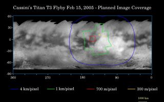 <h1>PIA06178:  Titan Flyby Number Four</h1><div class="PIA06178" lang="en" style="width:800px;text-align:left;margin:auto;background-color:#000;padding:10px;max-height:150px;overflow:auto;"><p>This map of the surface of Saturn's moon Titan illustrates the regions that will be imaged by Cassini during the spacecraft's fourth (and third very close) flyby of the smoggy moon on Feb. 15, 2005. At closest approach, Cassini is expected to pass approximately 1,580 kilometers (982 miles) above the moon's surface.</p><p>The colored lines delineate the regions that will be imaged at differing resolutions. The lower resolution imaging sequences (outlined in blue) are designed to study the atmosphere, clouds and surface in a variety of spectral filters. Other areas have been specifically targeted for creation of mosaics based on moderate resolution images of surface features. Two small areas (outlined in yellow) will be seen at high resolution by Cassini's narrow angle camera, and will be jointly covered by the visual and mapping spectrometer experiment. These high resolution targets also overlap areas covered by the Cassini radar altimetry and synthetic aperture radar experiments.</p><p>The site where the Huygens probe landed in mid-January will be imaged at lower resolution during this flyby and is within the terrain in the extreme western part of the coverage area. The low-resolution imaging coverage will extend farther east than the previous two close flybys in October and December 2004. Some areas covered at moderate resolution during previous flybys have been targeted again to allow Cassini scientists to look for changes.</p><p>The map shows only brightness variations on Titan's surface (the illumination is such that there are no shadows and no shading due to topographic variations). Previous observations indicate that, due to Titan's thick, hazy atmosphere, the sizes of surface features that can be resolved are a few to five times larger than the actual pixel scale labeled on the map.</p><p>The map was made from global images taken in June 2004, at image scales of 35 to 88 kilometers (22 to 55 miles) per pixel, and south polar coverage from July 2004, at an image scale of 2 kilometers (1.3 miles) per pixel. The images were obtained using a narrow band filter centered at 938 nanometers - a near-infrared wavelength (invisible to the human eye) at which light can penetrate Titan's atmosphere to reach the surface and return through the atmosphere to be detected by the camera. The images have been processed to enhance surface details.</p><p>It is currently northern winter on Titan, so the moon's high northern latitudes are not illuminated, resulting in the lack of coverage north of 45 degrees north latitude. Clouds near the south pole (see <a href="/catalog/PIA06110">PIA06110</a>) have also been removed (south of -75 degrees).</p><p>At 5,150 kilometers (3,200 miles) across, Titan is one of the solar system's largest moons.</p><p>The Cassini-Huygens mission is a cooperative project of NASA, the European Space Agency and the Italian Space Agency. The Jet Propulsion Laboratory, a division of the California Institute of Technology in Pasadena, manages the mission for NASA's Science Mission Directorate, Washington, D.C. The Cassini orbiter and its two onboard cameras were designed, developed and assembled at JPL. The imaging team is based at the Space Science Institute, Boulder, Colo.</p><p>For more information about the Cassini-Huygens mission, visit <a href="http://saturn.jpl.nasa.gov">http://saturn.jpl.nasa.gov</a> and the Cassini imaging team home page, <a href="http://ciclops.org">http://ciclops.org</a>.</p><br /><br /><a href="http://photojournal.jpl.nasa.gov/catalog/PIA06178" onclick="window.open(this.href); return false;" title="Voir l'image 	 PIA06178:  Titan Flyby Number Four	  sur le site de la NASA">Voir l'image 	 PIA06178:  Titan Flyby Number Four	  sur le site de la NASA.</a></div>