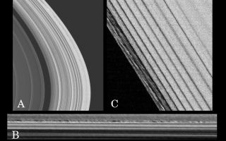 <h1>PIA06195:  New Ring Phenomena</h1><div class="PIA06195" lang="en" style="width:800px;text-align:left;margin:auto;background-color:#000;padding:10px;max-height:150px;overflow:auto;"><p>A collection of new ring phenomena, first observed in the sequence of images taken of the dark side of Saturn's rings immediately after Cassini entered orbit, may be evidence of the clumping and aggregation of ring particles. This phenomena is caused by the combined gravitational effects of Saturn, orbiting moons, and other ring particles.</p><p>Image A displays an unusual mottled-looking narrow region, with a radial width varying with longitude from 5 to 10 kilometers (3 to 6 miles), seen for the first time about 60 kilometers (37 miles) inside the outer edge of Saturn's A ring. The resolution of this dayside image is about 1 kilometer (0.6 miles) per pixel. Image B is a close-up of the region, mapped into a longitude-radius system and contrast enhanced. The region is characterized by blotchy light and dark areas about 30 to 40 kilometers (19 to 25 miles) in longitudinal extent. The observed longitudinal extent of this region is about 3.5 degrees.</p><p>The mottled regions also are probably caused by particle clumping brought about by gravitational disturbances. The outer A ring edge is sculpted into a seven-lobed pattern called a Lindblad resonance (a type of dynamical resonance that occurs in rings systems) with the co-orbital satellites Janus and Epimetheus. The resonant perturbations in this region are complicated by the presence of these two moons whose orbits are within 50 kilometers (31 miles) of each other. </p><p>Image C is a dark-side image of the outer edge of the Encke gap, with a resolution of about 270 meters (886 feet) pixel, taken 18 degrees upstream from the moon Pan, which inhabits the gap. The regularly spaced, narrow dark lanes observed here are the wakes caused by Pan. Rope-like features can be seen between the first two wakes nearest the gap edge. These features are unique in all Cassini images taken so far. They generally are between 10 and 20 kilometers (6 and 12 miles) long.</p><p>In their orbits around Saturn, the particles comprising the rings in this region pass through the Pan wakes. When they do so, they are forced closer together than usual. These ropy features appear to be a product of the enhanced gravitational disturbances that occur when the particles pass through the wakes caused by Pan and consequently are squeezed close together. These disturbances obviously persist even outside the wakes, as is evident here in the presence of the ropy structures in the bands in between the wakes.</p><p>The Cassini-Huygens mission is a cooperative project of NASA, the European Space Agency and the Italian Space Agency. The Jet Propulsion Laboratory, a division of the California Institute of Technology in Pasadena, manages the mission for NASA's Science Mission Directorate, Washington, D.C. The Cassini orbiter and its two onboard cameras were designed, developed and assembled at JPL. The imaging team is based at the Space Science Institute, Boulder, Colo.</p><p>For more information about the Cassini-Huygens mission, visit <a href="http://saturn.jpl.nasa.gov">http://saturn.jpl.nasa.gov</a> and the Cassini imaging team home page, <a href="http://ciclops.org">http://ciclops.org</a>.</p><br /><br /><a href="http://photojournal.jpl.nasa.gov/catalog/PIA06195" onclick="window.open(this.href); return false;" title="Voir l'image 	 PIA06195:  New Ring Phenomena	  sur le site de la NASA">Voir l'image 	 PIA06195:  New Ring Phenomena	  sur le site de la NASA.</a></div>