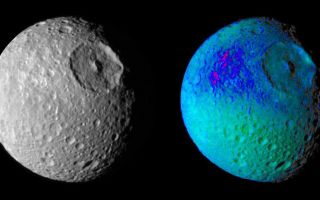 <h1>PIA06257:  Mimas Showing False Colors #1</h1><div class="PIA06257" lang="en" style="width:800px;text-align:left;margin:auto;background-color:#000;padding:10px;max-height:150px;overflow:auto;"><p>False color images of Saturn's moon, Mimas, reveal variation in either the composition or texture across its surface.</p><p>During its approach to Mimas on Aug. 2, 2005, the Cassini spacecraft narrow-angle camera obtained multi-spectral views of the moon from a range of 228,000 kilometers (142,500 miles).  </p><p>The image at the left is a narrow angle clear-filter image, which was separately processed to enhance the contrast in brightness and sharpness of visible features. The image at the right is a color composite of narrow-angle ultraviolet, green, infrared and clear filter images, which have been specially processed to accentuate subtle changes in the spectral properties of Mimas' surface materials. To create this view, three color images (ultraviolet, green and infrared) were combined into a single black and white picture that isolates and maps regional color differences. This "color map" was then superimposed over the clear-filter image at the left.</p><p>The combination of color map and brightness image shows how the color differences across the Mimas surface materials are tied to geological features. Shades of blue and violet in the image at the right are used to identify surface materials that are bluer in color and have a weaker infrared brightness than average Mimas materials, which are represented by green.</p><p>Herschel crater, a 140-kilometer-wide (88-mile) impact feature with a prominent central peak, is visible in the upper right of each image. The unusual bluer materials are seen to broadly surround Herschel crater.  However, the bluer material is not uniformly distributed in and around the crater.  Instead, it appears to be concentrated on the outside of the crater and more to the west than to the north or south.  The origin of the color differences is not yet understood.  It may represent ejecta material that was excavated from inside Mimas when the Herschel impact occurred.  The bluer color of these materials may be caused by subtle differences in the surface composition or the sizes of grains making up the icy soil.</p><p>The images were obtained when the Cassini spacecraft was above 25 degrees south, 134 degrees west latitude and longitude.  The Sun-Mimas-spacecraft angle was 45 degrees and north is at the top.</p><p>The Cassini-Huygens mission is a cooperative project of NASA, the European Space Agency and the Italian Space Agency.  The Jet Propulsion Laboratory, a division of the California Institute of Technology in Pasadena, manages the mission for NASA's Science Mission Directorate, Washington, D.C. The Cassini orbiter and its two onboard cameras were designed, developed and assembled at JPL.  The imaging operations center is based at the Space Science Institute in Boulder, Colo.</p><p>For more information about the Cassini-Huygens mission visit http://saturn.jpl.nasa.gov . The Cassini imaging team homepage is at http://ciclops.org .</p><br /><br /><a href="http://photojournal.jpl.nasa.gov/catalog/PIA06257" onclick="window.open(this.href); return false;" title="Voir l'image 	 PIA06257:  Mimas Showing False Colors #1	  sur le site de la NASA">Voir l'image 	 PIA06257:  Mimas Showing False Colors #1	  sur le site de la NASA.</a></div>