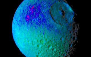 <h1>PIA06259:  Mimas Showing False Colors #2</h1><div class="PIA06259" lang="en" style="width:583px;text-align:left;margin:auto;background-color:#000;padding:10px;max-height:150px;overflow:auto;"><p>This false color image of Saturn's moon Mimas reveals variation in either the composition or texture across its surface.</p><p>During its approach to Mimas on Aug. 2, 2005, the Cassini spacecraft narrow-angle camera obtained multi-spectral views of the moon from a range of 228,000 kilometers (142,500 miles).  </p><p>This image is a color composite of narrow-angle ultraviolet, green, infrared and clear filter images, which have been specially processed to accentuate subtle changes in the spectral properties of Mimas' surface materials. To create this view, three color images (ultraviolet, green and infrared) were combined with a single black and white picture that isolates and maps regional color differences to create the final product.</p><p>Shades of blue and violet in the image at the right are used to identify surface materials that are bluer in color and have a weaker infrared brightness than average Mimas materials, which are represented by green.</p><p>Herschel crater, a 140-kilometer-wide (88-mile) impact feature with a prominent central peak, is visible in the upper right of the image. The unusual bluer materials are seen to broadly surround Herschel crater.  However, the bluer material is not uniformly distributed in and around the crater.  Instead, it appears to be concentrated on the outside of the crater and more to the west than to the north or south.  The origin of the color differences is not yet understood.  It may represent ejecta material that was excavated from inside Mimas when the Herschel impact occurred.  The bluer color of these materials may be caused by subtle differences in the surface composition or the sizes of grains making up the icy soil.</p><p>This image was obtained when the Cassini spacecraft was above 25 degrees south, 134 degrees west latitude and longitude.  The Sun-Mimas-spacecraft angle was 45 degrees and north is at the top.</p><p>The Cassini-Huygens mission is a cooperative project of NASA, the European Space Agency and the Italian Space Agency.  The Jet Propulsion Laboratory, a division of the California Institute of Technology in Pasadena, manages the mission for NASA's Science Mission Directorate, Washington, D.C. The Cassini orbiter and its two onboard cameras were designed, developed and assembled at JPL.  The imaging operations center is based at the Space Science Institute in Boulder, Colo.</p><p>For more information about the Cassini-Huygens mission visit http://saturn.jpl.nasa.gov . The Cassini imaging team homepage is at http://ciclops.org .</p><br /><br /><a href="http://photojournal.jpl.nasa.gov/catalog/PIA06259" onclick="window.open(this.href); return false;" title="Voir l'image 	 PIA06259:  Mimas Showing False Colors #2	  sur le site de la NASA">Voir l'image 	 PIA06259:  Mimas Showing False Colors #2	  sur le site de la NASA.</a></div>