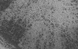 <h1>PIA06289:  Martian City Map</h1><div class="PIA06289" lang="en" style="width:627px;text-align:left;margin:auto;background-color:#000;padding:10px;max-height:150px;overflow:auto;"><p>30 May 2004<br />Seasonal frost can enhance the view from orbit of polar polygonal patterns on the surface of Mars. Sometimes these patterns look something like a city map, or the view from above a city lit-up at night. This Mars Global Surveyor (MGS) Mars Orbiter Camera (MOC) image shows an example from the south polar region near 80.7°S, 70.6°W. Polar polygons on Mars are generally believed, though not proven, to be the result of freeze/thaw cycles of ice occurring within the upper few meters (several yards) of the martian subsurface. The image shown here covers an area about 3 km (1.9 mi) across; sunlight illuminates the scene from the upper left.</p><br /><br /><a href="http://photojournal.jpl.nasa.gov/catalog/PIA06289" onclick="window.open(this.href); return false;" title="Voir l'image 	 PIA06289:  Martian City Map	  sur le site de la NASA">Voir l'image 	 PIA06289:  Martian City Map	  sur le site de la NASA.</a></div>