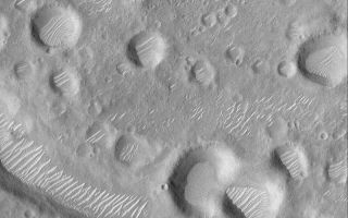 <h1>PIA06326:  Amenthes Crater Cluster</h1><div class="PIA06326" lang="en" style="width:800px;text-align:left;margin:auto;background-color:#000;padding:10px;max-height:150px;overflow:auto;"><p>22 June 2004<br />This Mars Global Surveyor (MGS) Mars Orbiter Camera (MOC) picture shows a cluster of impact craters, some of which damaged a portion of an old valley that runs roughly left to right in the lower half of the scene. The crater cluster most likely resulted from secondary impact of debris thrown from a much larger asteroid or comet impact, elsewhere on Mars. Large, light-toned, windblown ripples occur in many of the depressions in this portion of the Amenthes Fossae region. The picture is located near 7.3°N, 259.4°W, and covers an area about 3 km (1.9 mi) wide. Sunlight illuminates the terrain from the left/upper left.</p><br /><br /><a href="http://photojournal.jpl.nasa.gov/catalog/PIA06326" onclick="window.open(this.href); return false;" title="Voir l'image 	 PIA06326:  Amenthes Crater Cluster	  sur le site de la NASA">Voir l'image 	 PIA06326:  Amenthes Crater Cluster	  sur le site de la NASA.</a></div>