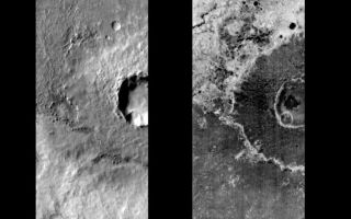 <h1>PIA06393:  Meridiani Crater in Day and Night</h1><div class="PIA06393" lang="en" style="width:705px;text-align:left;margin:auto;background-color:#000;padding:10px;max-height:150px;overflow:auto;"><a href="/figures/PIA06393_fig1.jpg"> </a><br /><p>Released 14 June 2004</br>This pair of images shows crater ejecta in the Terra Meridiani region.</p><p><b>Day/Night Infrared Pairs</b><p>The image pairs presented focus on a single surface feature as seen in both the daytime and nighttime by the infrared THEMIS camera. The nighttime image (right) has been rotated 180 degrees to place north at the top. </p><p><b>Infrared image interpretation</b><p>Daytime:</br>Infrared images taken during the daytime exhibit both the morphological and thermophysical properties of the surface of Mars. Morphologic details are visible due to the effect of sun-facing slopes receiving more energy than antisun-facing slopes. This creates a warm (bright) slope and cool (dark) slope appearance that mimics the light and shadows of a visible wavelength image. Thermophysical properties are seen in that dust heats up more quickly than rocks. Thus dusty areas are bright and rocky areas are dark. </p><p>Nighttime:</br>Infrared images taken during the nighttime exhibit only the thermophysical properties of the surface of Mars. The effect of sun-facing versus non-sun-facing energy dissipates quickly at night. Thermophysical effects dominate as different surfaces cool at different rates through the nighttime hours. Rocks cool slowly, and are therefore relatively bright at night (remember that rocks are dark during the day). Dust and other fine grained materials cool very quickly and are dark in nighttime infrared images.</p><p>Image information: IR instrument. Latitude -1.6, Longitude 4.1 East (355.9 West). 100 meter/pixel resolution.</p><p>Note: this THEMIS visual image has not been radiometrically nor geometrically calibrated for this preliminary release. An empirical correction has been performed to remove instrumental effects. A linear shift has been applied in the cross-track and down-track direction to approximate spacecraft and planetary motion. Fully calibrated and geometrically projected images will be released through the Planetary Data System in accordance with Project policies at a later time.</p><p>NASA's Jet Propulsion Laboratory manages the 2001 Mars Odyssey mission for NASA's Office of Space Science, Washington, D.C. The Thermal Emission Imaging System (THEMIS) was developed by Arizona State University, Tempe, in collaboration with Raytheon Santa Barbara Remote Sensing. The THEMIS investigation is led by Dr. Philip Christensen at Arizona State University. Lockheed Martin Astronautics, Denver, is the prime contractor for the Odyssey project, and developed and built the orbiter. Mission operations are conducted jointly from Lockheed Martin and from JPL, a division of the California Institute of Technology in Pasadena.</p><br /><br /><a href="http://photojournal.jpl.nasa.gov/catalog/PIA06393" onclick="window.open(this.href); return false;" title="Voir l'image 	 PIA06393:  Meridiani Crater in Day and Night	  sur le site de la NASA">Voir l'image 	 PIA06393:  Meridiani Crater in Day and Night	  sur le site de la NASA.</a></div>