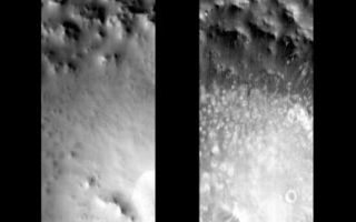 <h1>PIA06395:  Lomonosov Crater, Day and Night</h1><div class="PIA06395" lang="en" style="width:387px;text-align:left;margin:auto;background-color:#000;padding:10px;max-height:150px;overflow:auto;"><a href="/figures/PIA06395_fig1.jpg"> </a><br /><p>Released 16 June 2004</br>This pair of images shows part of Lomonosov Crater.</p><p><b>Day/Night Infrared Pairs</b><p>The image pairs presented focus on a single surface feature as seen in both the daytime and nighttime by the infrared THEMIS camera. The nighttime image (right) has been rotated 180 degrees to place north at the top. </p><p><b>Infrared image interpretation</b><p>Daytime:</br>Infrared images taken during the daytime exhibit both the morphological and thermophysical properties of the surface of Mars. Morphologic details are visible due to the effect of sun-facing slopes receiving more energy than antisun-facing slopes. This creates a warm (bright) slope and cool (dark) slope appearance that mimics the light and shadows of a visible wavelength image. Thermophysical properties are seen in that dust heats up more quickly than rocks. Thus dusty areas are bright and rocky areas are dark. </p><p>Nighttime:</br>Infrared images taken during the nighttime exhibit only the thermophysical properties of the surface of Mars. The effect of sun-facing versus non-sun-facing energy dissipates quickly at night. Thermophysical effects dominate as different surfaces cool at different rates through the nighttime hours. Rocks cool slowly, and are therefore relatively bright at night (remember that rocks are dark during the day). Dust and other fine grained materials cool very quickly and are dark in nighttime infrared images.</p><p>Image information: IR instrument. Latitude 64.9, Longitude 350.7 East (9.3 West). 100 meter/pixel resolution.</p><p>Note: this THEMIS visual image has not been radiometrically nor geometrically calibrated for this preliminary release. An empirical correction has been performed to remove instrumental effects. A linear shift has been applied in the cross-track and down-track direction to approximate spacecraft and planetary motion. Fully calibrated and geometrically projected images will be released through the Planetary Data System in accordance with Project policies at a later time.</p><p>NASA's Jet Propulsion Laboratory manages the 2001 Mars Odyssey mission for NASA's Office of Space Science, Washington, D.C. The Thermal Emission Imaging System (THEMIS) was developed by Arizona State University, Tempe, in collaboration with Raytheon Santa Barbara Remote Sensing. The THEMIS investigation is led by Dr. Philip Christensen at Arizona State University. Lockheed Martin Astronautics, Denver, is the prime contractor for the Odyssey project, and developed and built the orbiter. Mission operations are conducted jointly from Lockheed Martin and from JPL, a division of the California Institute of Technology in Pasadena.</p><br /><br /><a href="http://photojournal.jpl.nasa.gov/catalog/PIA06395" onclick="window.open(this.href); return false;" title="Voir l'image 	 PIA06395:  Lomonosov Crater, Day and Night	  sur le site de la NASA">Voir l'image 	 PIA06395:  Lomonosov Crater, Day and Night	  sur le site de la NASA.</a></div>