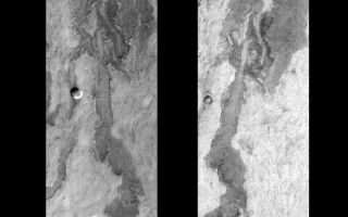 <h1>PIA06399:  Arsia Mons by Day and Night</h1><div class="PIA06399" lang="en" style="width:750px;text-align:left;margin:auto;background-color:#000;padding:10px;max-height:150px;overflow:auto;"><a href="/figures/PIA06399_fig1.jpg"> </a><br /><p>Released 22 June 2004</br>This pair of images shows part of Arsia Mons.</p><p><b>Day/Night Infrared Pairs</b><p>The image pairs presented focus on a single surface feature as seen in both the daytime and nighttime by the infrared THEMIS camera. The nighttime image (right) has been rotated 180 degrees to place north at the top. </p><p><b>Infrared image interpretation</b><p>Daytime:</br>Infrared images taken during the daytime exhibit both the morphological and thermophysical properties of the surface of Mars. Morphologic details are visible due to the effect of sun-facing slopes receiving more energy than antisun-facing slopes. This creates a warm (bright) slope and cool (dark) slope appearance that mimics the light and shadows of a visible wavelength image. Thermophysical properties are seen in that dust heats up more quickly than rocks. Thus dusty areas are bright and rocky areas are dark. </p><p>Nighttime:</br>Infrared images taken during the nighttime exhibit only the thermophysical properties of the surface of Mars. The effect of sun-facing versus non-sun-facing energy dissipates quickly at night. Thermophysical effects dominate as different surfaces cool at different rates through the nighttime hours. Rocks cool slowly, and are therefore relatively bright at night (remember that rocks are dark during the day). Dust and other fine grained materials cool very quickly and are dark in nighttime infrared images.</p><p>Image information: IR instrument. Latitude -19.6, Longitude 241.9 East (118.1 West). 100 meter/pixel resolution.</p><p>Note: this THEMIS visual image has not been radiometrically nor geometrically calibrated for this preliminary release. An empirical correction has been performed to remove instrumental effects. A linear shift has been applied in the cross-track and down-track direction to approximate spacecraft and planetary motion. Fully calibrated and geometrically projected images will be released through the Planetary Data System in accordance with Project policies at a later time.</p><p>NASA's Jet Propulsion Laboratory manages the 2001 Mars Odyssey mission for NASA's Office of Space Science, Washington, D.C. The Thermal Emission Imaging System (THEMIS) was developed by Arizona State University, Tempe, in collaboration with Raytheon Santa Barbara Remote Sensing. The THEMIS investigation is led by Dr. Philip Christensen at Arizona State University. Lockheed Martin Astronautics, Denver, is the prime contractor for the Odyssey project, and developed and built the orbiter. Mission operations are conducted jointly from Lockheed Martin and from JPL, a division of the California Institute of Technology in Pasadena.</p><br /><br /><a href="http://photojournal.jpl.nasa.gov/catalog/PIA06399" onclick="window.open(this.href); return false;" title="Voir l'image 	 PIA06399:  Arsia Mons by Day and Night	  sur le site de la NASA">Voir l'image 	 PIA06399:  Arsia Mons by Day and Night	  sur le site de la NASA.</a></div>