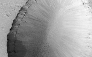 <h1>PIA06416:  Collapse Pit</h1><div class="PIA06416" lang="en" style="width:487px;text-align:left;margin:auto;background-color:#000;padding:10px;max-height:150px;overflow:auto;"><p>29 September 2005<br />This Mars Global Surveyor (MGS) Mars Orbiter Camera (MOC) image shows a 1.5 meters (5 feet) per pixel view of a large collapse pit (and portions of several smaller pits) in the Tractus Fossae portion of the Tharsis region of Mars. Such collapses usually occur along faults formed by expansion and pulling apart of the planet's upper crust.<p>Location near: 22.5°N, 101.4°W <br />Image width: width: ~3 km (~1.9 mi) <br />Illumination from: lower left <br />Season: Northern Autumn </p><br /><br /><a href="http://photojournal.jpl.nasa.gov/catalog/PIA06416" onclick="window.open(this.href); return false;" title="Voir l'image 	 PIA06416:  Collapse Pit	  sur le site de la NASA">Voir l'image 	 PIA06416:  Collapse Pit	  sur le site de la NASA.</a></div>