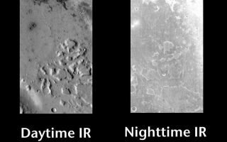 <h1>PIA06444:  Gusev Crater by Day and Night</h1><div class="PIA06444" lang="en" style="width:800px;text-align:left;margin:auto;background-color:#000;padding:10px;max-height:150px;overflow:auto;"><a href="/figures/PIA06444_fig1.jpg"> </a><br /><p>Released 23 June 2004</br>This pair of images shows part of Gusev Crater.</p><p><b>Day/Night Infrared Pairs</b><p>The image pairs presented focus on a single surface feature as seen in both the daytime and nighttime by the infrared THEMIS camera. The nighttime image (right) has been rotated 180 degrees to place north at the top. </p><p><b>Infrared image interpretation</b><p>Daytime:</br>Infrared images taken during the daytime exhibit both the morphological and thermophysical properties of the surface of Mars. Morphologic details are visible due to the effect of sun-facing slopes receiving more energy than antisun-facing slopes. This creates a warm (bright) slope and cool (dark) slope appearance that mimics the light and shadows of a visible wavelength image. Thermophysical properties are seen in that dust heats up more quickly than rocks. Thus dusty areas are bright and rocky areas are dark. </p><p>Nighttime:</br>Infrared images taken during the nighttime exhibit only the thermophysical properties of the surface of Mars. The effect of sun-facing versus non-sun-facing energy dissipates quickly at night. Thermophysical effects dominate as different surfaces cool at different rates through the nighttime hours. Rocks cool slowly, and are therefore relatively bright at night (remember that rocks are dark during the day). Dust and other fine grained materials cool very quickly and are dark in nighttime infrared images.</p><p>Image information: IR instrument. Latitude -14.5, Longitude 175.5 East (184.5 West). 100 meter/pixel resolution.</p><p>Note: this THEMIS visual image has not been radiometrically nor geometrically calibrated for this preliminary release. An empirical correction has been performed to remove instrumental effects. A linear shift has been applied in the cross-track and down-track direction to approximate spacecraft and planetary motion. Fully calibrated and geometrically projected images will be released through the Planetary Data System in accordance with Project policies at a later time.</p><p>NASA's Jet Propulsion Laboratory manages the 2001 Mars Odyssey mission for NASA's Office of Space Science, Washington, D.C. The Thermal Emission Imaging System (THEMIS) was developed by Arizona State University, Tempe, in collaboration with Raytheon Santa Barbara Remote Sensing. The THEMIS investigation is led by Dr. Philip Christensen at Arizona State University. Lockheed Martin Astronautics, Denver, is the prime contractor for the Odyssey project, and developed and built the orbiter. Mission operations are conducted jointly from Lockheed Martin and from JPL, a division of the California Institute of Technology in Pasadena.</p><br /><br /><a href="http://photojournal.jpl.nasa.gov/catalog/PIA06444" onclick="window.open(this.href); return false;" title="Voir l'image 	 PIA06444:  Gusev Crater by Day and Night	  sur le site de la NASA">Voir l'image 	 PIA06444:  Gusev Crater by Day and Night	  sur le site de la NASA.</a></div>