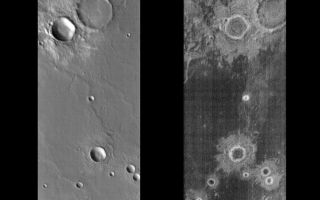 <h1>PIA06445:  Crater Ejecta by Day and Night</h1><div class="PIA06445" lang="en" style="width:800px;text-align:left;margin:auto;background-color:#000;padding:10px;max-height:150px;overflow:auto;"><a href="/figures/PIA06445_fig1.jpg"> </a><br /><p>Released 24 June 2004</br>This pair of images shows a crater and its ejecta.</p><p><b>Day/Night Infrared Pairs</b><p>The image pairs presented focus on a single surface feature as seen in both the daytime and nighttime by the infrared THEMIS camera. The nighttime image (right) has been rotated 180 degrees to place north at the top. </p><p><b>Infrared image interpretation</b><p>Daytime:</br>Infrared images taken during the daytime exhibit both the morphological and thermophysical properties of the surface of Mars. Morphologic details are visible due to the effect of sun-facing slopes receiving more energy than antisun-facing slopes. This creates a warm (bright) slope and cool (dark) slope appearance that mimics the light and shadows of a visible wavelength image. Thermophysical properties are seen in that dust heats up more quickly than rocks. Thus dusty areas are bright and rocky areas are dark. </p><p>Nighttime:</br>Infrared images taken during the nighttime exhibit only the thermophysical properties of the surface of Mars. The effect of sun-facing versus non-sun-facing energy dissipates quickly at night. Thermophysical effects dominate as different surfaces cool at different rates through the nighttime hours. Rocks cool slowly, and are therefore relatively bright at night (remember that rocks are dark during the day). Dust and other fine grained materials cool very quickly and are dark in nighttime infrared images.</p><p>Image information: IR instrument. Latitude -9, Longitude 164.2 East (195.8 West). 100 meter/pixel resolution.</p><p>Note: this THEMIS visual image has not been radiometrically nor geometrically calibrated for this preliminary release. An empirical correction has been performed to remove instrumental effects. A linear shift has been applied in the cross-track and down-track direction to approximate spacecraft and planetary motion. Fully calibrated and geometrically projected images will be released through the Planetary Data System in accordance with Project policies at a later time.</p><p>NASA's Jet Propulsion Laboratory manages the 2001 Mars Odyssey mission for NASA's Office of Space Science, Washington, D.C. The Thermal Emission Imaging System (THEMIS) was developed by Arizona State University, Tempe, in collaboration with Raytheon Santa Barbara Remote Sensing. The THEMIS investigation is led by Dr. Philip Christensen at Arizona State University. Lockheed Martin Astronautics, Denver, is the prime contractor for the Odyssey project, and developed and built the orbiter. Mission operations are conducted jointly from Lockheed Martin and from JPL, a division of the California Institute of Technology in Pasadena.</p><br /><br /><a href="http://photojournal.jpl.nasa.gov/catalog/PIA06445" onclick="window.open(this.href); return false;" title="Voir l'image 	 PIA06445:  Crater Ejecta by Day and Night	  sur le site de la NASA">Voir l'image 	 PIA06445:  Crater Ejecta by Day and Night	  sur le site de la NASA.</a></div>