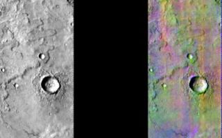 <h1>PIA06730:  DCS Color near Mare Cimmerium</h1><div class="PIA06730" lang="en" style="width:400px;text-align:left;margin:auto;background-color:#000;padding:10px;max-height:150px;overflow:auto;"><a href="/figures/PIA06730_fig1.jpg"> </a><br /><p>Released July 28, 2004</br>This image shows two representations of the same infra-red image covering an area near Mare Cimmerium. On the left is a grayscale image showing surface temperature, and on the right is a false-color composite made from 3 individual THEMIS bands. The false-color image is colorized using a technique called decorrelation stretch (DCS), which emphasizes the spectral differences between the bands to highlight compositional variations. </p><p>This area contains a mixture of basaltic materials (magenta/purple) and dust (green/blue). Faint blue areas may be due to some thin water ice clouds. The different compositional units are sometimes correlated with crater floors and other surface features, but they are often not tied to valleys, lava flows, etc... indicating that the surface materials could be mobile (dust and sand).</p><p>Image information: IR instrument. Latitude -23.7, Longitude 139.3 East (220.7 West). 100 meter/pixel resolution.</p><p>Note: this THEMIS visual image has not been radiometrically nor geometrically calibrated for this preliminary release. An empirical correction has been performed to remove instrumental effects. A linear shift has been applied in the cross-track and down-track direction to approximate spacecraft and planetary motion. Fully calibrated and geometrically projected images will be released through the Planetary Data System in accordance with Project policies at a later time.</p><p>NASA's Jet Propulsion Laboratory manages the 2001 Mars Odyssey mission for NASA's Office of Space Science, Washington, D.C. The Thermal Emission Imaging System (THEMIS) was developed by Arizona State University, Tempe, in collaboration with Raytheon Santa Barbara Remote Sensing. The THEMIS investigation is led by Dr. Philip Christensen at Arizona State University. Lockheed Martin Astronautics, Denver, is the prime contractor for the Odyssey project, and developed and built the orbiter. Mission operations are conducted jointly from Lockheed Martin and from JPL, a division of the California Institute of Technology in Pasadena.</p><br /><br /><a href="http://photojournal.jpl.nasa.gov/catalog/PIA06730" onclick="window.open(this.href); return false;" title="Voir l'image 	 PIA06730:  DCS Color near Mare Cimmerium	  sur le site de la NASA">Voir l'image 	 PIA06730:  DCS Color near Mare Cimmerium	  sur le site de la NASA.</a></div>