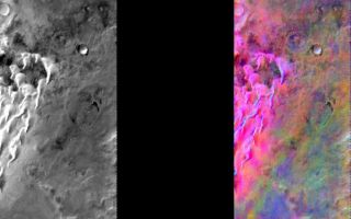 <h1>PIA06732:  Kaiser Crater DCS</h1><div class="PIA06732" lang="en" style="width:705px;text-align:left;margin:auto;background-color:#000;padding:10px;max-height:150px;overflow:auto;"><a href="/figures/PIA06732_fig1.jpg"> </a><br /><p>Released July 29, 2004</br>This image shows two representations of the same infra-red image covering a portion of Kaiser Crater. On the left is a grayscale image showing surface temperature, and on the right is a false-color composite made from 3 individual THEMIS bands. The false-color image is colorized using a technique called decorrelation stretch (DCS), which emphasizes the spectral differences between the bands to highlight compositional variations.</p><p>In this image, the basaltic sand dunes in bottom of Kaiser crater are colored a bright pink/magenta. The spectral features are clean and prominent on these dust-free surfaces and the dark color of the basaltic dunes helps them to absorb sunlight and produces higher surface temperatures, which also contributes to the image colors.</p><p>Image information: IR instrument. Latitude -46.5, Longitude 20.3 East (339.7 West). 100 meter/pixel resolution.</p><p>Note: this THEMIS visual image has not been radiometrically nor geometrically calibrated for this preliminary release. An empirical correction has been performed to remove instrumental effects. A linear shift has been applied in the cross-track and down-track direction to approximate spacecraft and planetary motion. Fully calibrated and geometrically projected images will be released through the Planetary Data System in accordance with Project policies at a later time.</p><p>NASA's Jet Propulsion Laboratory manages the 2001 Mars Odyssey mission for NASA's Office of Space Science, Washington, D.C. The Thermal Emission Imaging System (THEMIS) was developed by Arizona State University, Tempe, in collaboration with Raytheon Santa Barbara Remote Sensing. The THEMIS investigation is led by Dr. Philip Christensen at Arizona State University. Lockheed Martin Astronautics, Denver, is the prime contractor for the Odyssey project, and developed and built the orbiter. Mission operations are conducted jointly from Lockheed Martin and from JPL, a division of the California Institute of Technology in Pasadena.</p><br /><br /><a href="http://photojournal.jpl.nasa.gov/catalog/PIA06732" onclick="window.open(this.href); return false;" title="Voir l'image 	 PIA06732:  Kaiser Crater DCS	  sur le site de la NASA">Voir l'image 	 PIA06732:  Kaiser Crater DCS	  sur le site de la NASA.</a></div>