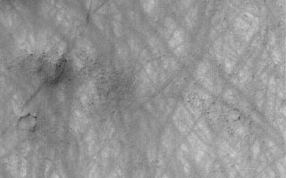 <h1>PIA06797:  Martian Scribbles</h1><div class="PIA06797" lang="en" style="width:672px;text-align:left;margin:auto;background-color:#000;padding:10px;max-height:150px;overflow:auto;"><p>08 August 2004<br />The martian atmosphere is an artist. It uses narrow vortices of spinning air to disrupt thin coatings of dust on the surface. In some regions, over time, hundreds of dust devils may streak across the landscape, creating patterns like the one shown in this Mars Global Surveyor (MGS) Mars Orbiter Camera (MOC) image. The picture, acquired in February 2004, is located near 64.1°S, 297.3°W, and covers an area about 3 km (1.9 mi) across. Sunlight illuminates the scene from the upper left.</p><br /><br /><a href="http://photojournal.jpl.nasa.gov/catalog/PIA06797" onclick="window.open(this.href); return false;" title="Voir l'image 	 PIA06797:  Martian Scribbles	  sur le site de la NASA">Voir l'image 	 PIA06797:  Martian Scribbles	  sur le site de la NASA.</a></div>