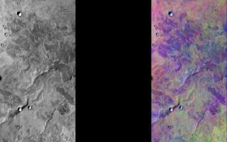 <h1>PIA06817:  Lava Flows in IR Color</h1><div class="PIA06817" lang="en" style="width:440px;text-align:left;margin:auto;background-color:#000;padding:10px;max-height:150px;overflow:auto;"><a href="/figures/PIA06817_fig1.jpg"> </a><br /><p>Released August 5, 2004</br>This image shows two representations of the same infra-red image covering a portion of the Solis Planum region, southeast of the Tharsis volcanoes. On the left is a grayscale image showing surface temperature, and on the right is a false-color composite made from 3 individual THEMIS bands. The false-color image is colorized using a technique called decorrelation stretch (DCS), which emphasizes the spectral differences between the bands to highlight compositional variations. </p><p>Multiple layers of lava flows in this region show temperature differences, as well as some potential compositional differences. The temperature variations between these flows are likely caused by differences in their surface texture. The compositional variation could be due to differences in the make-up of the lava when it erupted onto the surface or might only reflect differences in the amount of dust covering these flows.</p><p>Image information: IR instrument. Latitude -30.1, Longitude 275.9 East (84.1 West). 100 meter/pixel resolution.</p><p>Note: this THEMIS visual image has not been radiometrically nor geometrically calibrated for this preliminary release. An empirical correction has been performed to remove instrumental effects. A linear shift has been applied in the cross-track and down-track direction to approximate spacecraft and planetary motion. Fully calibrated and geometrically projected images will be released through the Planetary Data System in accordance with Project policies at a later time.</p><p>NASA's Jet Propulsion Laboratory manages the 2001 Mars Odyssey mission for NASA's Office of Space Science, Washington, D.C. The Thermal Emission Imaging System (THEMIS) was developed by Arizona State University, Tempe, in collaboration with Raytheon Santa Barbara Remote Sensing. The THEMIS investigation is led by Dr. Philip Christensen at Arizona State University. Lockheed Martin Astronautics, Denver, is the prime contractor for the Odyssey project, and developed and built the orbiter. Mission operations are conducted jointly from Lockheed Martin and from JPL, a division of the California Institute of Technology in Pasadena.</p><br /><br /><a href="http://photojournal.jpl.nasa.gov/catalog/PIA06817" onclick="window.open(this.href); return false;" title="Voir l'image 	 PIA06817:  Lava Flows in IR Color	  sur le site de la NASA">Voir l'image 	 PIA06817:  Lava Flows in IR Color	  sur le site de la NASA.</a></div>