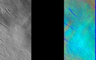 <h1>PIA06819:  Ice Clouds in Color IR</h1><div class="PIA06819" lang="en" style="width:475px;text-align:left;margin:auto;background-color:#000;padding:10px;max-height:150px;overflow:auto;"><a href="/figures/PIA06819_fig1.jpg"> </a><br /><p>Released August 9, 2004</br>This image shows two representations of the same infra-red image in the Elysium region of Mars. On the left is a grayscale image showing surface temperature, and on the right is a false-color composite made from 3 individual THEMIS bands. The false-color image is colorized using a technique called decorrelation stretch (DCS), which emphasizes the spectral differences between the bands to highlight compositional variations. </p><p>The light blue area in the center of this image is a very nice example of a water ice cloud. Water ice is frequently present in the Martian atmosphere as a thin  haze. Clouds such as this one can be difficult to identify in a temperature image, but are easy to spot in the DCS images. In this case, the water ice is relatively confined and concentrated which may be due to the topography of the Elysium volcanic construct.</p><p>Image information: IR instrument. Latitude 23.2, Longitude 150.1 East (209.9 West). 100 meter/pixel resolution.</p><p>Note: this THEMIS visual image has not been radiometrically nor geometrically calibrated for this preliminary release. An empirical correction has been performed to remove instrumental effects. A linear shift has been applied in the cross-track and down-track direction to approximate spacecraft and planetary motion. Fully calibrated and geometrically projected images will be released through the Planetary Data System in accordance with Project policies at a later time.</p><p>NASA's Jet Propulsion Laboratory manages the 2001 Mars Odyssey mission for NASA's Office of Space Science, Washington, D.C. The Thermal Emission Imaging System (THEMIS) was developed by Arizona State University, Tempe, in collaboration with Raytheon Santa Barbara Remote Sensing. The THEMIS investigation is led by Dr. Philip Christensen at Arizona State University. Lockheed Martin Astronautics, Denver, is the prime contractor for the Odyssey project, and developed and built the orbiter. Mission operations are conducted jointly from Lockheed Martin and from JPL, a division of the California Institute of Technology in Pasadena.</p><br /><br /><a href="http://photojournal.jpl.nasa.gov/catalog/PIA06819" onclick="window.open(this.href); return false;" title="Voir l'image 	 PIA06819:  Ice Clouds in Color IR	  sur le site de la NASA">Voir l'image 	 PIA06819:  Ice Clouds in Color IR	  sur le site de la NASA.</a></div>
