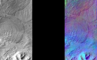 <h1>PIA06820:  Melas Chasma in IR Color</h1><div class="PIA06820" lang="en" style="width:536px;text-align:left;margin:auto;background-color:#000;padding:10px;max-height:150px;overflow:auto;"><a href="/figures/PIA06820_fig1.jpg"> </a><br /><p>Released August 11, 2004</br>This image shows two representations of the same infra-red image over Melas Chasma. On the left is a grayscale image showing surface temperature, and on the right is a false-color composite made from 3 individual THEMIS bands. The false-color image is colorized using a technique called decorrelation stretch (DCS), which emphasizes the spectral differences between the bands to highlight compositional variations.</p><p>There is a distinct purple/blue layer present in the northern wall of the Chasma. Although this layer likely has a composition different than the surrounding areas, it is difficult to interpret its specific composition due to the high variability of sunlit and shaded surfaces in this area, which cause a wide range of temperatures to be present within each pixel of the image. It is possible that this layer has a unique composition due to differences in the volcanic or sedimentary environment at the time that the rock formed, or it could be a layer of magma injected between two previously existing rock layers. Another possibility is that the wall is mostly covered by dust and debris, and this portion contains the only exposed bedrock. The light blue colors present in many other areas of the Chasma are due to water ice clouds.</p><p>Image information: IR instrument. Latitude -8.9, Longitude 282 East (78 West). 100 meter/pixel resolution.</p><p>Note: this THEMIS visual image has not been radiometrically nor geometrically calibrated for this preliminary release. An empirical correction has been performed to remove instrumental effects. A linear shift has been applied in the cross-track and down-track direction to approximate spacecraft and planetary motion. Fully calibrated and geometrically projected images will be released through the Planetary Data System in accordance with Project policies at a later time.</p><p>NASA's Jet Propulsion Laboratory manages the 2001 Mars Odyssey mission for NASA's Office of Space Science, Washington, D.C. The Thermal Emission Imaging System (THEMIS) was developed by Arizona State University, Tempe, in collaboration with Raytheon Santa Barbara Remote Sensing. The THEMIS investigation is led by Dr. Philip Christensen at Arizona State University. Lockheed Martin Astronautics, Denver, is the prime contractor for the Odyssey project, and developed and built the orbiter. Mission operations are conducted jointly from Lockheed Martin and from JPL, a division of the California Institute of Technology in Pasadena.</p><br /><br /><a href="http://photojournal.jpl.nasa.gov/catalog/PIA06820" onclick="window.open(this.href); return false;" title="Voir l'image 	 PIA06820:  Melas Chasma in IR Color	  sur le site de la NASA">Voir l'image 	 PIA06820:  Melas Chasma in IR Color	  sur le site de la NASA.</a></div>