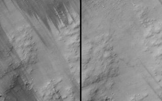 <h1>PIA06846:  Wind Streak Changes</h1><div class="PIA06846" lang="en" style="width:545px;text-align:left;margin:auto;background-color:#000;padding:10px;max-height:150px;overflow:auto;"><p>2 September 2004<br />This pair of Mars Global Surveyor (MGS) Mars Orbiter Camera (MOC) images shows changes in dark wind streak patterns that occurred between 5 April 1999 (image M00-00534) and 17 August 2004 (image R20-00901). Unlike the spaghetti-like streak patterns made by dust devils, these streaks all begin on their upwind ends as tapered forms that fan outward in the downwind direction, and they all indicate winds that blew from the same direction. In both cases, winds blew from the southeast (lower right) toward the northwest (upper left). These streaks and the small pedestal craters found among them occur in the Memnonia region of Mars near 5.9°S, 162.2°W. The 400 meter scale bar is about 437 yards long. Sunlight illuminates each scene from the upper left.</p><br /><br /><a href="http://photojournal.jpl.nasa.gov/catalog/PIA06846" onclick="window.open(this.href); return false;" title="Voir l'image 	 PIA06846:  Wind Streak Changes	  sur le site de la NASA">Voir l'image 	 PIA06846:  Wind Streak Changes	  sur le site de la NASA.</a></div>