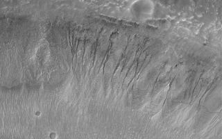 <h1>PIA07067:  A Gullied Crater Wall</h1><div class="PIA07067" lang="en" style="width:800px;text-align:left;margin:auto;background-color:#000;padding:10px;max-height:150px;overflow:auto;"><p>23 November 2004<br >This Mars Global Surveyor (MGS) Mars Orbiter Camera (MOC) image shows a suite of southern middle-latitude gullies cut into the wall of an impact crater located near 32.1°S, 12.9°W. These gullies might indicate that groundwater seeped to the surface and ran down these slopes. Others have suggested that similar gullies on Mars might form by other processes, including melting of ground ice or snow, but this image does not provide any clues that would suggest either of these alternatives are better than the groundwater interpretation. The 300 meter scale bar is about 984 feet long. Sunlight illuminates the scene from the upper left.</p><br /><br /><a href="http://photojournal.jpl.nasa.gov/catalog/PIA07067" onclick="window.open(this.href); return false;" title="Voir l'image 	 PIA07067:  A Gullied Crater Wall	  sur le site de la NASA">Voir l'image 	 PIA07067:  A Gullied Crater Wall	  sur le site de la NASA.</a></div>