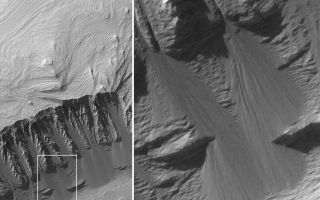 <h1>PIA07095:  East Candor cPROTO</h1><div class="PIA07095" lang="en" style="width:800px;text-align:left;margin:auto;background-color:#000;padding:10px;max-height:150px;overflow:auto;"><p>30 November 2004<br >This Mars Global Surveyor (MGS) Mars Orbiter Camera (MOC) image was acquired using the cPROTO technique described on 27 September 2004 in "<a href="http://www.msss.com/mars_images/moc/2004/09/27/index.html">cPROTO Views of Spirit's Rover Tracks and Athabasca Vallis Flood Features.</a>" In other words, the picture was obtained by MOC with a resolution that is better than 1 meter per pixel (better than 3 feet per pixel). On the left is a view of the entire cPROTO image; on the right is a magnified view of the features seen in the white box on the left. The 200 meter scale bar is about 219 yards long. This cPROTO image, obtained in August 2004, shows layered sedimentary rocks exposed in eastern Candor Chasma, part of the vast Valles Marineris trough system. On the steep slope in the lower half of the image (left), the rocks have been breaking down into fine-grained material that slides down the slope to create fan-shaped talus accumulations. In some cases, the movement of this dry debris has cut narrow, straight chutes into the slope. The sub-meter resolution of the cPROTO image reveals that there are no boulders in the talus, attesting to the extremely fine-grained and easily broken-up nature of these sedimentary rocks. The image is located near 7.3°S, 69.0°W. Sunlight illuminates the scene from the upper left.</p><br /><br /><a href="http://photojournal.jpl.nasa.gov/catalog/PIA07095" onclick="window.open(this.href); return false;" title="Voir l'image 	 PIA07095:  East Candor cPROTO	  sur le site de la NASA">Voir l'image 	 PIA07095:  East Candor cPROTO	  sur le site de la NASA.</a></div>