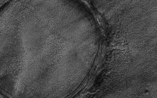 <h1>PIA07134:  Northern Plains Crater</h1><div class="PIA07134" lang="en" style="width:800px;text-align:left;margin:auto;background-color:#000;padding:10px;max-height:150px;overflow:auto;"><p>19 December 2004<br >Most craters on the martian northern lowland plains are filled and many of them are buried just beneath the surface, or are mostly buried. This Mars Global Surveyor (MGS) Mars Orbiter Camera (MOC) image shows an example, in which only the crater's raised rim still pokes out above the surrounding plains. This crater is located near 46.2°N, 257.7°W. The image covers an area about 3 km (1.9 mi) wide. Sunlight illuminates the scene from the lower left. </p><br /><br /><a href="http://photojournal.jpl.nasa.gov/catalog/PIA07134" onclick="window.open(this.href); return false;" title="Voir l'image 	 PIA07134:  Northern Plains Crater	  sur le site de la NASA">Voir l'image 	 PIA07134:  Northern Plains Crater	  sur le site de la NASA.</a></div>