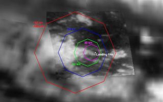 <h1>PIA07229:  Expected Footprints of 36-Image Panoramas from Huygens Camera</h1><div class="PIA07229" lang="en" style="width:800px;text-align:left;margin:auto;background-color:#000;padding:10px;max-height:150px;overflow:auto;"><p><a href="/figures/PIA07229_fig1.jpg"></a><br>Figure 1</p><p>This map of a portion of the surface of Saturn's moon Titan shows predictions for the areas that will be covered by selected combinations of images anticipated from the camera on the Huygens probe as it descends through Titan's atmosphere on Jan. 14, 2005. The map is made from data acquired by the visual and infrared mapping spectrometer aboard the Cassini orbiter during the orbiter's flyby of Titan in October 2004. Cassini released the Huygens probe in December 2004.</p><p>The octagons indicate anticipated fields of view of panoramic mosaics of images taken by Huygens' descent imager and spectral radiometer instrument as the probe reaches certain altitudes during its descent. This map shows the footprints for mosaics to be assembled from 36 individual images at each altitude, with the field of view cut off at 75 degrees from straight down although the actual images will extend all the way to the hazy horizon. Each mosaic made this way will be about 1,300 by 1,300 pixels. </p><p>The largest octagon (in red) is about 1,120 kilometers (696 miles) across and represents the field of view for the mosaic of images taken at an altitude of 150 kilometers (93 miles). From that height, individual pixels in the center of the image will be about 150 meters (492 feet) across, though haze between the ground and the camera at that height will likely degrade the resolution in those images. The progressively smaller octagons are the anticipated fields of view from altitudes of 90 kilometers (60 miles), 50 kilometers (30 miles) and 30 kilometers (19 miles). In all, the camera is expected to acquire panoramic mosaics at a total of 20 different altitudes from 150 kilometers (93 miles) down to about 3 kilometers (2 miles). The pixel size in the mosaic from 3 kilometers high will be about 3 meters (10 feet) across. In addition, the camera is expected to obtain individual images down to an altitude of about 200 meters (656 feet) with pixel size as small as 20 centimeters (8 inches).</p><p>The location of the anticipated landing site is based on modeling of Titan's winds, and the actual landing site will be different if the actual winds experienced by Huygens during descent differ from this model.</p><p>The Cassini-Huygens mission is a cooperative project of NASA, the European Space Agency and the Italian Space Agency. The Jet Propulsion Laboratory, a division of the California Institute of Technology in Pasadena, manages the Cassini-Huygens mission for NASA's Science Mission Directorate, Washington. The Cassini orbiter and its two onboard cameras were designed, developed and assembled at JPL. The visible and infrared mapping spectrometer team is based at the University of Arizona, Tucson. </p><p>For more information about the Cassini-Huygens mission visit, <a href="http://saturn.jpl.nasa.gov">http://saturn.jpl.nasa.gov</a>. For more information about the visualand infrared mapping spectrometer visit <a href="http://wwwvims.lpl.arizona.edu/">http://wwwvims.lpl.arizona.edu/</a>. </p><br /><br /><a href="http://photojournal.jpl.nasa.gov/catalog/PIA07229" onclick="window.open(this.href); return false;" title="Voir l'image 	 PIA07229:  Expected Footprints of 36-Image Panoramas from Huygens Camera	  sur le site de la NASA">Voir l'image 	 PIA07229:  Expected Footprints of 36-Image Panoramas from Huygens Camera	  sur le site de la NASA.</a></div>