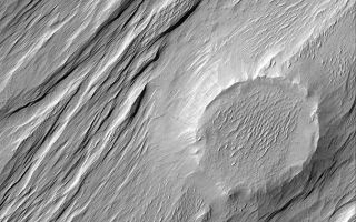 <h1>PIA07328:  Wind-Exhumed Crater</h1><div class="PIA07328" lang="en" style="width:672px;text-align:left;margin:auto;background-color:#000;padding:10px;max-height:150px;overflow:auto;"><p>The large circular feature in this Mars Global Surveyor (MGS) Mars Orbiter Camera (MOC) image is the expression of a formerly filled and buried meteor crater, locked within sedimentary materials eroded by wind in the Memnonia Sulci region of Mars. The ridges and troughs in the image attest to the power of wind erosion to form yardangs.</p><p>Location near: 1.6°N, 173.9°W <br .>Image width: ~3 km (~1.9 mi) <br .>Illumination from: upper left <br .>Season: Northern Summer<br .></p><br /><br /><a href="http://photojournal.jpl.nasa.gov/catalog/PIA07328" onclick="window.open(this.href); return false;" title="Voir l'image 	 PIA07328:  Wind-Exhumed Crater	  sur le site de la NASA">Voir l'image 	 PIA07328:  Wind-Exhumed Crater	  sur le site de la NASA.</a></div>