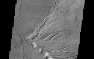 <h1>PIA07497:  Arcuate Fractures in Olympus Mons Caldera</h1><div class="PIA07497" lang="en" style="width:524px;text-align:left;margin:auto;background-color:#000;padding:10px;max-height:150px;overflow:auto;"><a href="/figures/PIA07497_fig1.jpg"></a><br /><p>This VIS image shows part of the caldera at the summit of Olympus Mons -- a huge volcano. The arcuate (curved) fractures seen on the right side of the caldera floor were likely formed when later eruptions occurred -- note the smoother, younger section to the left.</p><p>Image information: VIS instrument. Latitude 18.2, Longitude 226.9 East (133.1 West). 19 meter/pixel resolution.</p><p>Note: this THEMIS visual image has not been radiometrically nor geometrically calibrated for this preliminary release. An empirical correction has been performed to remove instrumental effects. A linear shift has been applied in the cross-track and down-track direction to approximate spacecraft and planetary motion. Fully calibrated and geometrically projected images will be released through the Planetary Data System in accordance with Project policies at a later time.</p><p>NASA's Jet Propulsion Laboratory manages the 2001 Mars Odyssey mission for NASA's Office of Space Science, Washington, D.C. The Thermal Emission Imaging System (THEMIS) was developed by Arizona State University, Tempe, in collaboration with Raytheon Santa Barbara Remote Sensing. The THEMIS investigation is led by Dr. Philip Christensen at Arizona State University. Lockheed Martin Astronautics, Denver, is the prime contractor for the Odyssey project, and developed and built the orbiter. Mission operations are conducted jointly from Lockheed Martin and from JPL, a division of the California Institute of Technology in Pasadena.</p><br /><br /><a href="http://photojournal.jpl.nasa.gov/catalog/PIA07497" onclick="window.open(this.href); return false;" title="Voir l'image 	 PIA07497:  Arcuate Fractures in Olympus Mons Caldera	  sur le site de la NASA">Voir l'image 	 PIA07497:  Arcuate Fractures in Olympus Mons Caldera	  sur le site de la NASA.</a></div>