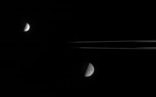 <h1>PIA07645:  Dione and Enceladus</h1><div class="PIA07645" lang="en" style="width:800px;text-align:left;margin:auto;background-color:#000;padding:10px;max-height:150px;overflow:auto;"><p>This fanciful view spies the Saturnian moons, Dione and Enceladus, from just beneath the ringplane. Enceladus (505 kilometers, or 314 miles across) is on the near side of the rings with respect to Cassini, and Dione (1,126 kilometers, or 700 miles across) is on the far side.</p><p>Saturn's shadow stretches beyond the outermost reaches of the main rings, causing them to disappear at left.</p><p>The image was taken with the Cassini narrow-angle camera using spectral filters sensitive to polarized green light on Oct. 15, 2005 at a distance of approximately 2.1 million kilometers (1.3 million miles) from Dione and 1.5 million kilometers (900,000 miles) from Enceladus. The image scale is 12 kilometers (7 miles) per pixel on Dione and 9 kilometers (6 miles) per pixel on Enceladus.</p><p>The Cassini-Huygens mission is a cooperative project of NASA, the European Space Agency and the Italian Space Agency. The Jet Propulsion Laboratory, a division of the California Institute of Technology in Pasadena, manages the mission for NASA's Science Mission Directorate, Washington, D.C. The Cassini orbiter and its two onboard cameras were designed, developed and assembled at JPL. The imaging operations center is based at the Space Science Institute in Boulder, Colo.</p></p>For more information about the Cassini-Huygens mission visit <a href="http://saturn.jpl.nasa.gov">http://saturn.jpl.nasa.gov</a>. The Cassini imaging team homepage is at <a href="http://ciclops.org">http://ciclops.org</a>.</p><br /><br /><a href="http://photojournal.jpl.nasa.gov/catalog/PIA07645" onclick="window.open(this.href); return false;" title="Voir l'image 	 PIA07645:  Dione and Enceladus	  sur le site de la NASA">Voir l'image 	 PIA07645:  Dione and Enceladus	  sur le site de la NASA.</a></div>