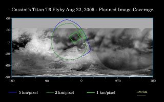 <h1>PIA07711:  Cassini's Aug. 22, 2005, Titan Flyby</h1><div class="PIA07711" lang="en" style="width:800px;text-align:left;margin:auto;background-color:#000;padding:10px;max-height:150px;overflow:auto;"><p>This map of Titan's surface illustrates the regions that will be imaged by Cassini during the spacecraft's close flyby of Titan on Aug. 22, 2005. At closest approach, the spacecraft is expected to pass approximately 3,800 kilometers (2,360 miles) above the moon's surface. At 5,150 kilometers (3,200 miles) across, Titan is one of the solar system's largest moons.</p><p>The colored lines delineate the regions that will be imaged at differing resolutions.</p><p>As Cassini continues its reconnaissance of Titan, maps of this haze-enshrouded world continue to improve. Images from this flyby will sharpen the moderate resolution coverage of terrain on the side of Titan that always faces Saturn.</p><p>The highest resolution image planned for this encounter will cover a 215-kilometer-wide (134-mile) bright feature provisionally named "Bazaruto Facula." (A facula is the name chosen to denote a bright spot on Titan.) At the center of the facula is an 80-kilometer-wide (50-mile) crater (not yet named), seen by Cassini's radar experiment during a Titan flyby in February 2005 (see <a href="/catalog/PIA07368">PIA07368</a>). The imaging cameras and visual and infrared mapping spectrometer images taken in March and April 2005 also show this crater (see <a href="/catalog/PIA06234">PIA06234</a>).</p><p>The southernmost corner of the highest resolution (1 kilometer per pixel) frame should also cover the northern portion of a large bright feature provisionally known as "Quivira."</p><p>Wide-angle images obtained during this flyby should cover much of the Tsegihi-Aztlan-Quivira region (also known as the "H" region) at lower resolution.</p><p>The map shows only brightness variations on Titan's surface (the illumination is such that there are no shadows and no shading from topographic variations). Previous observations indicate that, due to Titan's thick, hazy atmosphere, the sizes of surface features that can be resolved are up to five times larger than the actual pixel scale labeled on the map.</p><p>The images for this global map were obtained using a narrow-band filter centered at 938 nanometers -- a near-infrared wavelength (invisible to the human eye) at which light can penetrate Titan's atmosphere. The images have been processed to enhance surface details. </p><p>The Cassini-Huygens mission is a cooperative project of NASA, the European Space Agency and the Italian Space Agency. The Jet Propulsion Laboratory, a division of the California Institute of Technology in Pasadena, manages the mission for NASA's Science Mission Directorate, Washington, D.C. The Cassini orbiter and its two onboard cameras were designed, developed and assembled at JPL. The imaging team is based at the Space Science Institute, Boulder, Colo.</p><p>For more information about the Cassini-Huygens mission visit <a href="http://saturn.jpl.nasa.gov">http://saturn.jpl.nasa.gov</a>. For additional images visit the Cassini imaging team homepage <a href="http://ciclops.org">http://ciclops.org</a>.<br /><br /><a href="http://photojournal.jpl.nasa.gov/catalog/PIA07711" onclick="window.open(this.href); return false;" title="Voir l'image 	 PIA07711:  Cassini's Aug. 22, 2005, Titan Flyby	  sur le site de la NASA">Voir l'image 	 PIA07711:  Cassini's Aug. 22, 2005, Titan Flyby	  sur le site de la NASA.</a></div>