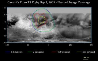 <h1>PIA07728:  Cassini's Sept. 7, 2005, Titan Flyby</h1><div class="PIA07728" lang="en" style="width:800px;text-align:left;margin:auto;background-color:#000;padding:10px;max-height:150px;overflow:auto;"><p>This map of Titan's surface illustrates the regions that will be imaged by Cassini during the spacecraft's close flyby of Titan on Sept. 7, 2005. At closest approach, the spacecraft is expected to pass approximately 1,075 kilometers (670 miles) above the moon's surface. This is Cassini's eighth flyby of Titan out of 45 flybys planned in the four-year tour. </p><p>The colored lines delineate the regions that will be imaged at differing resolutions.</p><p>Zooming-in closer to Titan than during its previous pass two weeks earlier, Cassini camera coverage again focuses on the region known informally as "the H." Some of the narrow-angle camera images Cassini takes during this close flyby will be composited into high-resolution mosaics, similar to <a href="/catalog/PIA06222">PIA06222</a>.</p><p>This encounter also should provide an excellent view of Bazaruto Facula and its central 80-kilometer-wide (50-mile) crater, seen in <a href="/catalog/PIA06234">PIA06234</a>.</p><p>The map shows only brightness variations on Titan's surface (the illumination is such that there are no shadows and no shading due to topographic variations). Previous observations indicate that due to Titan's thick, hazy atmosphere, the sizes of surface features that can be resolved are a few to five times larger than the actual pixel scale labeled on the map.</p><p>The images for this global map were obtained using a narrow band filter centered at 938 nanometers - a near-infrared wavelength (invisible to the human eye) at which light can penetrate Titan's atmosphere to reach the surface and return through the atmosphere to be detected by the camera. The images have been processed to enhance surface details.</p><p>The Cassini-Huygens mission is a cooperative project of NASA, the European Space Agency and the Italian Space Agency. The Jet Propulsion Laboratory, a division of the California Institute of Technology in Pasadena, manages the mission for NASA's Science Mission Directorate, Washington, D.C. The Cassini orbiter was designed, developed and assembled at JPL. </p><p>For more information about the Cassini-Huygens mission visit <a href="http://www.nasa.gov/cassini">http://www.nasa.gov/cassini</a> and <a href="http://saturn.jpl.nasa.gov">http://saturn.jpl.nasa.gov</a><br /><br /><a href="http://photojournal.jpl.nasa.gov/catalog/PIA07728" onclick="window.open(this.href); return false;" title="Voir l'image 	 PIA07728:  Cassini's Sept. 7, 2005, Titan Flyby	  sur le site de la NASA">Voir l'image 	 PIA07728:  Cassini's Sept. 7, 2005, Titan Flyby	  sur le site de la NASA.</a></div>