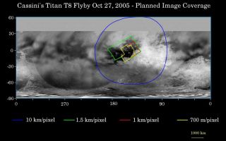 <h1>PIA07751:  Cassini's Oct. 28, 2005, Titan Flyby</h1><div class="PIA07751" lang="en" style="width:800px;text-align:left;margin:auto;background-color:#000;padding:10px;max-height:150px;overflow:auto;"><p>This map of Titan's surface illustrates the regions that will be viewed by Cassini's imaging cameras during the spacecraft's close flyby of Titan on Oct. 28, 2005. At closest approach, the spacecraft is expected to pass approximately 1,400 kilometers (800 miles) above the moon's surface.</p><p>The colored lines delineate the regions that will be imaged at differing resolutions.</p><p>The highest resolution imaging coverage during the flyby will be of the eastern portion of the dark region called Shangri-la and the boundary between Shangri-la and bright Xanadu. Several of the major "islands" in eastern Shangri-la will be featured, including faculae (or bright spots) which have the provisional names Kerguelen, Vis, Crete and Tortola. These bright features on Titan are named for island features from Earth.</p><p>The map shows only brightness variations on Titan's surface (the illumination is such that there are no shadows and no shading due to topographic variations). Previous observations indicate that, due to Titan's thick, hazy atmosphere, the sizes of surface features that can be resolved are a few to five times larger than the actual pixel scale labeled on the map.</p><p>The images for this global map were obtained using a narrow band filter centered at 938 nanometers - a near-infrared wavelength (invisible to the human eye) at which light can penetrate Titan's atmosphere to reach the surface and return through the atmosphere to be detected by the camera. The images have been processed to enhance surface details.The Cassini-Huygens mission is a cooperative project of NASA, the European Space Agency and the Italian Space Agency.  The Jet Propulsion Laboratory, a division of the California Institute of Technology in Pasadena, manages the mission for NASA's Science Mission Directorate, Washington, D.C. The Cassini orbiter and its two onboard cameras were designed, developed and assembled at JPL.  The imaging operations center is based at the Space Science Institute in Boulder, Colo.</p><p>For more information about the Cassini-Huygens mission visit <a href="http://saturn.jpl.nasa.gov">http://saturn.jpl.nasa.gov</a>. The Cassini imaging team homepage is at <a href="http://ciclops.org">http://ciclops.org</a>.</p><br /><br /><a href="http://photojournal.jpl.nasa.gov/catalog/PIA07751" onclick="window.open(this.href); return false;" title="Voir l'image 	 PIA07751:  Cassini's Oct. 28, 2005, Titan Flyby	  sur le site de la NASA">Voir l'image 	 PIA07751:  Cassini's Oct. 28, 2005, Titan Flyby	  sur le site de la NASA.</a></div>