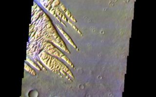 <h1>PIA07921:  White Rock in False Color</h1><div class="PIA07921" lang="en" style="width:514px;text-align:left;margin:auto;background-color:#000;padding:10px;max-height:150px;overflow:auto;"><a href="/figures/PIA07921_fig1.jpg"></a><br /><p>The THEMIS VIS camera is capable of capturing color images of the Martian surface using five different color filters. In this mode of operation, the spatial resolution and coverage of the image must be reduced to accommodate the additional data volume produced from using multiple filters. To make a color image, three of the five filter images (each in grayscale) are selected. Each is contrast enhanced and then converted to a red, green, or blue intensity image. These three images are then combined to produce a full color, single image. Because the THEMIS color filters don't span the full range of colors seen by the human eye, a color THEMIS image does not represent true color. Also, because each single-filter image is contrast enhanced before inclusion in the three-color image, the apparent color variation of the scene is exaggerated. Nevertheless, the color variation that does appear is representative of some change in color, however subtle, in the actual scene. Note that the long edges of THEMIS color images typically contain color artifacts that do not represent surface variation.</p><p>This false color image shows the wind eroded deposit in Pollack Crater called "White Rock." This image was collected during the Southern Fall Season.</p><p>Image information: VIS instrument. Latitude -8, Longitude 25.2 East (334.8 West). 0 meter/pixel resolution.</p><p>Note: this THEMIS visual image has not been radiometrically nor geometrically calibrated for this preliminary release. An empirical correction has been performed to remove instrumental effects. A linear shift has been applied in the cross-track and down-track direction to approximate spacecraft and planetary motion. Fully calibrated and geometrically projected images will be released through the Planetary Data System in accordance with Project policies at a later time.</p><p>NASA's Jet Propulsion Laboratory manages the 2001 Mars Odyssey mission for NASA's Office of Space Science, Washington, D.C. The Thermal Emission Imaging System (THEMIS) was developed by Arizona State University, Tempe, in collaboration with Raytheon Santa Barbara Remote Sensing. The THEMIS investigation is led by Dr. Philip Christensen at Arizona State University. Lockheed Martin Astronautics, Denver, is the prime contractor for the Odyssey project, and developed and built the orbiter. Mission operations are conducted jointly from Lockheed Martin and from JPL, a division of the California Institute of Technology in Pasadena.<br /><br /><a href="http://photojournal.jpl.nasa.gov/catalog/PIA07921" onclick="window.open(this.href); return false;" title="Voir l'image 	 PIA07921:  White Rock in False Color	  sur le site de la NASA">Voir l'image 	 PIA07921:  White Rock in False Color	  sur le site de la NASA.</a></div>