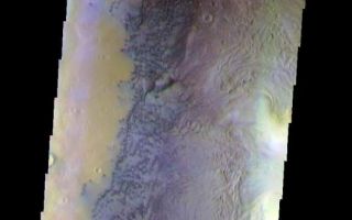<h1>PIA07956:  Moreux Crater Dunes</h1><div class="PIA07956" lang="en" style="width:539px;text-align:left;margin:auto;background-color:#000;padding:10px;max-height:150px;overflow:auto;"><a href="/figures/PIA07956_fig1.jpg"></a><br /><p>The THEMIS VIS camera is capable of capturing color images of the Martian surface using five different color filters. In this mode of operation, the spatial resolution and coverage of the image must be reduced to accommodate the additional data volume produced from using multiple filters. To make a color image, three of the five filter images (each in grayscale) are selected. Each is contrast enhanced and then converted to a red, green, or blue intensity image. These three images are then combined to produce a full color, single image. Because the THEMIS color filters don't span the full range of colors seen by the human eye, a color THEMIS image does not represent true color. Also, because each single-filter image is contrast enhanced before inclusion in the three-color image, the apparent color variation of the scene is exaggerated. Nevertheless, the color variation that does appear is representative of some change in color, however subtle, in the actual scene. Note that the long edges of THEMIS color images typically contain color artifacts that do not represent surface variation.</p><p>This false color image shows part of the interior of Moreux Crater. The crater peak is at the right edge of the image. Many dunes and a dunefield are also visible in the iamge. This image was collected during the Northern Spring season. </p><p>Image information: VIS instrument. Latitude 41.9, Longitude 44.1 East (315.9 West). 35 meter/pixel resolution.</p><p>Note: this THEMIS visual image has not been radiometrically nor geometrically calibrated for this preliminary release. An empirical correction has been performed to remove instrumental effects. A linear shift has been applied in the cross-track and down-track direction to approximate spacecraft and planetary motion. Fully calibrated and geometrically projected images will be released through the Planetary Data System in accordance with Project policies at a later time.</p><p>NASA's Jet Propulsion Laboratory manages the 2001 Mars Odyssey mission for NASA's Office of Space Science, Washington, D.C. The Thermal Emission Imaging System (THEMIS) was developed by Arizona State University, Tempe, in collaboration with Raytheon Santa Barbara Remote Sensing. The THEMIS investigation is led by Dr. Philip Christensen at Arizona State University. Lockheed Martin Astronautics, Denver, is the prime contractor for the Odyssey project, and developed and built the orbiter. Mission operations are conducted jointly from Lockheed Martin and from JPL, a division of the California Institute of Technology in Pasadena.</p><br /><br /><a href="http://photojournal.jpl.nasa.gov/catalog/PIA07956" onclick="window.open(this.href); return false;" title="Voir l'image 	 PIA07956:  Moreux Crater Dunes	  sur le site de la NASA">Voir l'image 	 PIA07956:  Moreux Crater Dunes	  sur le site de la NASA.</a></div>