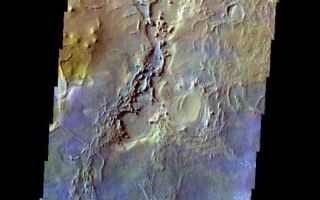 <h1>PIA07987:  More Meridiani</h1><div class="PIA07987" lang="en" style="width:514px;text-align:left;margin:auto;background-color:#000;padding:10px;max-height:150px;overflow:auto;"><a href="/figures/PIA07987_fig1.jpg"></a><br /><p>The THEMIS VIS camera is capable of capturing color images of the Martian surface using five different color filters. In this mode of operation, the spatial resolution and coverage of the image must be reduced to accommodate the additional data volume produced from using multiple filters. To make a color image, three of the five filter images (each in grayscale) are selected. Each is contrast enhanced and then converted to a red, green, or blue intensity image. These three images are then combined to produce a full color, single image. Because the THEMIS color filters don't span the full range of colors seen by the human eye, a color THEMIS image does not represent true color. Also, because each single-filter image is contrast enhanced before inclusion in the three-color image, the apparent color variation of the scene is exaggerated. Nevertheless, the color variation that does appear is representative of some change in color, however subtle, in the actual scene. Note that the long edges of THEMIS color images typically contain color artifacts that do not represent surface variation.</p><p>Compare this false color image to yesterday's (<a href="/catalog/PIA07974">PIA07974</a>). This image shows the surface outside of Meridiani to the Northeast. This image was collected during the Northern Summer season.</p><p>Image information: VIS instrument. Latitude 3.5, Longitude 6 East (354 West). 37 meter/pixel resolution.</p><p>Note: this THEMIS visual image has not been radiometrically nor geometrically calibrated for this preliminary release. An empirical correction has been performed to remove instrumental effects. A linear shift has been applied in the cross-track and down-track direction to approximate spacecraft and planetary motion. Fully calibrated and geometrically projected images will be released through the Planetary Data System in accordance with Project policies at a later time.</p><p>NASA's Jet Propulsion Laboratory manages the 2001 Mars Odyssey mission for NASA's Office of Space Science, Washington, D.C. The Thermal Emission Imaging System (THEMIS) was developed by Arizona State University, Tempe, in collaboration with Raytheon Santa Barbara Remote Sensing. The THEMIS investigation is led by Dr. Philip Christensen at Arizona State University. Lockheed Martin Astronautics, Denver, is the prime contractor for the Odyssey project, and developed and built the orbiter. Mission operations are conducted jointly from Lockheed Martin and from JPL, a division of the California Institute of Technology in Pasadena.</p><br /><br /><a href="http://photojournal.jpl.nasa.gov/catalog/PIA07987" onclick="window.open(this.href); return false;" title="Voir l'image 	 PIA07987:  More Meridiani	  sur le site de la NASA">Voir l'image 	 PIA07987:  More Meridiani	  sur le site de la NASA.</a></div>