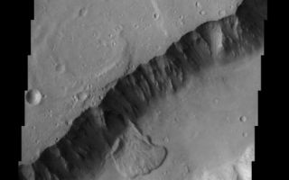 <h1>PIA08083:  Channel Landslide</h1><div class="PIA08083" lang="en" style="width:543px;text-align:left;margin:auto;background-color:#000;padding:10px;max-height:150px;overflow:auto;"><p><a href="/figures/PIA08083_fig1.jpg"></a><br><b>Context image for PIA08083<br />Wall Failure</b></p><p>Part of the western wall of Shalbatana Vallis has collapsed and formed a landslide.<p>Image information: VIS instrument. Latitude 5.3N, Longitude 316.3E. 18 meter/pixel resolution.</p><p>Please see the <a href="http://themis.asu.edu/terms" target="_blank">THEMIS Data Citation Note</a> for details on crediting THEMIS images. </p><p>Note: this THEMIS visual image has not been radiometrically nor geometrically calibrated for this preliminary release. An empirical correction has been performed to remove instrumental effects. A linear shift has been applied in the cross-track and down-track direction to approximate spacecraft and planetary motion. Fully calibrated and geometrically projected images will be released through the Planetary Data System in accordance with Project policies at a later time.</p><p>NASA's Jet Propulsion Laboratory manages the 2001 Mars Odyssey mission for NASA's Office of Space Science, Washington, D.C. The Thermal Emission Imaging System (THEMIS) was developed by Arizona State University, Tempe, in collaboration with Raytheon Santa Barbara Remote Sensing. The THEMIS investigation is led by Dr. Philip Christensen at Arizona State University. Lockheed Martin Astronautics, Denver, is the prime contractor for the Odyssey project, and developed and built the orbiter. Mission operations are conducted jointly from Lockheed Martin and from JPL, a division of the California Institute of Technology in Pasadena.</p><br /><br /><a href="http://photojournal.jpl.nasa.gov/catalog/PIA08083" onclick="window.open(this.href); return false;" title="Voir l'image 	 PIA08083:  Channel Landslide	  sur le site de la NASA">Voir l'image 	 PIA08083:  Channel Landslide	  sur le site de la NASA.</a></div>