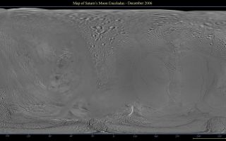 <h1>PIA08342:  Map of Enceladus - December 2006</h1><div class="PIA08342" lang="en" style="width:800px;text-align:left;margin:auto;background-color:#000;padding:10px;max-height:150px;overflow:auto;"><p>This global digital map of Saturn's moon Enceladus was created using data taken by the Cassini spacecraft, with gaps in coverage filled in by NASA Voyager spacecraft data. The map is an equidistant projection and has a scale of 300 meters (980 feet) per pixel. Equidistant projections preserve distances on a body, with some distortion of area and direction.</p><p>The mean radius of Enceladus used for projection of this map is 252 kilometers (157 miles).</p><p>This map is an update to the version released in December 2005. See <a href="/catalog/PIA07777">PIA07777</a>.</p><p>The Cassini-Huygens mission is a cooperative project of NASA, the European Space Agency and the Italian Space Agency. The Jet Propulsion Laboratory, a division of the California Institute of Technology in Pasadena, manages the mission for NASA's Science Mission Directorate, Washington, D.C. The Cassini orbiter and its two onboard cameras were designed, developed and assembled at JPL. The imaging operations center is based at the Space Science Institute in Boulder, Colo.</p><p>For more information about the Cassini-Huygens mission visit <a href="http://saturn.jpl.nasa.gov">http://saturn.jpl.nasa.gov/home/index.cfm</a>. The Cassini imaging team homepage is at <a href="http://ciclops.org">http://ciclops.org</a>.</p><br /><br /><a href="http://photojournal.jpl.nasa.gov/catalog/PIA08342" onclick="window.open(this.href); return false;" title="Voir l'image 	 PIA08342:  Map of Enceladus - December 2006	  sur le site de la NASA">Voir l'image 	 PIA08342:  Map of Enceladus - December 2006	  sur le site de la NASA.</a></div>