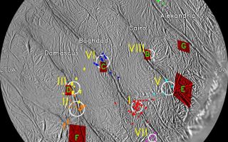 <h1>PIA08385:  Enceladus Jet Sources</h1><div class="PIA08385" lang="en" style="width:800px;text-align:left;margin:auto;background-color:#000;padding:10px;max-height:150px;overflow:auto;"><p>This map of the south polar region of Saturn's moon Enceladus shows the correlation between jet sources identified in Cassini imaging data and hot spots on the surface located by the composite infrared spectrometer instrument.</p><p>To identify jet source locations on the surface, imaging scientists carefully measured the locations and orientations of individual jets observed along the moon's limb in Cassini images taken from multiple viewing angles (see <a href="/catalog/PIA08386">PIA08386</a>). For each jet measurement, the researchers then computed a curve, or ground track, on the surface of Enceladus along which that jet might lie. The ground tracks from all of the measurements made in the various images produced many intersections on this map. By considering the jet directions at every possible intersection, the researchers isolated eight clusters of ground track intersections as jet sources.</p><p>The eight identified jet source locations are labeled with yellow roman numerals. Composite infrared spectrometer hot spots are red boxes labeled with green capital letters. The line-of-sight intersections indicating the measurements of each source in individual images are shown as colored diamonds. White circles indicate the uncertainty in the locations of those sets of intersections.</p><p>The map is a polar stereographic projection of Cassini imaging data. The four tiger stripe fractures, or sulci, are labeled here. The south pole is dead center on the map. Key longitudes are also labeled around the perimeter of the map. </p><p>The Cassini-Huygens mission is a cooperative project of NASA, the European Space Agency and the Italian Space Agency. The Jet Propulsion Laboratory, a division of the California Institute of Technology in Pasadena, manages the mission for NASA's Science Mission Directorate, Washington, D.C. The Cassini orbiter and its two onboard cameras were designed, developed and assembled at JPL. The imaging operations center is based at the Space Science Institute in Boulder, Colo.</p><p>For more information about the Cassini-Huygens mission visit <a href="http://saturn.jpl.nasa.gov">http://saturn.jpl.nasa.gov/home/index.cfm</a>. The Cassini imaging team homepage is at <a href="http://ciclops.org">http://ciclops.org</a>.</p><br /><br /><a href="http://photojournal.jpl.nasa.gov/catalog/PIA08385" onclick="window.open(this.href); return false;" title="Voir l'image 	 PIA08385:  Enceladus Jet Sources	  sur le site de la NASA">Voir l'image 	 PIA08385:  Enceladus Jet Sources	  sur le site de la NASA.</a></div>