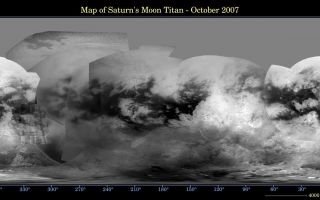 <h1>PIA08399:  Map of Titan - October 2007</h1><div class="PIA08399" lang="en" style="width:800px;text-align:left;margin:auto;background-color:#000;padding:10px;max-height:150px;overflow:auto;"><p>This global digital map of Titan was created using images taken by the Cassini spacecraft imaging science subsystem.</p><p>The images were taken using a filter centered at 938 nanometers, allowing researchers to examine albedo (or inherent brightness) variations across the surface of Titan. Due to the scattering of light by Titan's dense atmosphere, no topographic shading is visible in these images.</p><p>The map is an equidistant projection and has a scale of 4 kilometers (2.5 miles) per pixel. Actual resolution varies greatly across the map, with the best coverage (close to the map scale) near the center and edges of the map and the worst coverage on the trailing hemisphere (centered around 270 degrees west longitude).</p><p>Imaging coverage in the northern polar region is only just beginning to improve, and will continue to do so over the next couple of years, as Titan approaches vernal equinox in August 2009 and the north pole comes out of shadow. Large, dark and presumably liquid-hydrocarbon-filled seas are becoming visible at high latitudes (see also <a href="/catalog/PIA08365">PIA08365</a>).</p><p>The mean radius of Titan used for projection of this map is 2,575 kilometers (1,600 miles). Until a control network is created for Titan, the moon is assumed to be spherical. </p><p>The Cassini-Huygens mission is a cooperative project of NASA, the European Space Agency and the Italian Space Agency. The Jet Propulsion Laboratory, a division of the California Institute of Technology in Pasadena, manages the mission for NASA's Science Mission Directorate, Washington, D.C. The Cassini orbiter and its two onboard cameras were designed, developed and assembled at JPL. The imaging operations center is based at the Space Science Institute in Boulder, Colo.</p><p>For more information about the Cassini-Huygens mission visit <a href="http://saturn.jpl.nasa.gov">http://saturn.jpl.nasa.gov/home/index.cfm</a>. The Cassini imaging team homepage is at <a href="http://ciclops.org">http://ciclops.org</a>.</p><br /><br /><a href="http://photojournal.jpl.nasa.gov/catalog/PIA08399" onclick="window.open(this.href); return false;" title="Voir l'image 	 PIA08399:  Map of Titan - October 2007	  sur le site de la NASA">Voir l'image 	 PIA08399:  Map of Titan - October 2007	  sur le site de la NASA.</a></div>