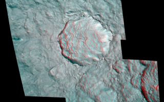 <h1>PIA08402:  Rhea's Pop-up Crater</h1><div class="PIA08402" lang="en" style="width:800px;text-align:left;margin:auto;background-color:#000;padding:10px;max-height:150px;overflow:auto;"><p><a href="/figures/PIA08402_fig1.jpg"></a><br />Annotated Version</p><p>Rhea's surface gains some depth in this stereo image, or anaglyph, which features the bright and geologically young-looking rayed crater on the moon's leading hemisphere. The view was created from images taken during Cassini's close encounter with Rhea (1,528 kilometers, or 949 miles across) on Aug. 30, 2007.</p><p>The crater is 48 kilometers (30 miles) wide, and its rays extend several hundred kilometers outward. The rim of this crater is quite sharply defined, and there are few small craters overprinted onto it. These characteristics, along with the brightness of the crater and its rays are indicative of a feature formed relatively recently in geologic history.</p><p>The hummocky floor of the crater possesses a central peak and clusters of small craters. The little craters may be secondary impact sites, formed by ejecta from the primary impact that landed in the crater, or they could have been formed by material that had broken off of the body that struck Rhea.</p><p>For an even higher resolution view of this feature, see <a href="/catalog/PIA07764">PIA07764</a>.</p><p>This stereo image is a mosaic consisting of seven Cassini spacecraft narrow-angle camera images. The view is an orthographic projection centered on 12 degrees south latitude, 112 degrees west longitude and has a resolution of 45 meters (148 feet) per pixel. An orthographic view is most like the view seen by a distant observer looking through a telescope. North is up.</p><p>The clear filter images for this stereo image were taken from distances ranging from about 17,000 kilometers (10,600 miles, for the red-colored image) to 7,500 kilometers (4,700 miles, for the blue/green-colored image) from Rhea. </p><p>The Cassini-Huygens mission is a cooperative project of NASA, the European Space Agency and the Italian Space Agency. The Jet Propulsion Laboratory, a division of the California Institute of Technology in Pasadena, manages the mission for NASA's Science Mission Directorate, Washington, D.C. The Cassini orbiter and its two onboard cameras were designed, developed and assembled at JPL. The imaging operations center is based at the Space Science Institute in Boulder, Colo.</p><p>For more information about the Cassini-Huygens mission visit <a href="http://saturn.jpl.nasa.gov">http://saturn.jpl.nasa.gov/home/index.cfm</a>. The Cassini imaging team homepage is at <a href="http://ciclops.org">http://ciclops.org</a>.</p><br /><br /><a href="http://photojournal.jpl.nasa.gov/catalog/PIA08402" onclick="window.open(this.href); return false;" title="Voir l'image 	 PIA08402:  Rhea's Pop-up Crater	  sur le site de la NASA">Voir l'image 	 PIA08402:  Rhea's Pop-up Crater	  sur le site de la NASA.</a></div>