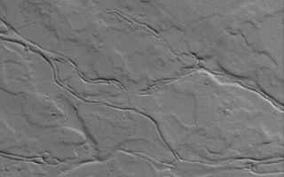 <h1>PIA08433:  Ancient Tharsis Flows</h1><div class="PIA08433" lang="en" style="width:678px;text-align:left;margin:auto;background-color:#000;padding:10px;max-height:150px;overflow:auto;"><p>4 May 2006<br />This Mars Global Surveyor (MGS) Mars Orbiter Camera (MOC) image shows ancient, dust-covered lava flows and remains of leveed lava channels located on a plain northwest of Jovis Tholus. Jovis is a relatively small volcano in the Tharsis region of Mars.</p><p>Location near: 22.4°N, 122.0°W <br />Image width: ~3 km (~1.9 mi) <br />Illumination from: lower left <br />Season: Northern Winter </p><br /><br /><a href="http://photojournal.jpl.nasa.gov/catalog/PIA08433" onclick="window.open(this.href); return false;" title="Voir l'image 	 PIA08433:  Ancient Tharsis Flows	  sur le site de la NASA">Voir l'image 	 PIA08433:  Ancient Tharsis Flows	  sur le site de la NASA.</a></div>