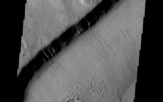 <h1>PIA08472:  Goodbye Crater</h1><div class="PIA08472" lang="en" style="width:601px;text-align:left;margin:auto;background-color:#000;padding:10px;max-height:150px;overflow:auto;"><p><a href="/figures/PIA08472_fig1.jpg"></a><br><b>Context image for PIA08472<br /> Goodbye Crater</b></p><p>This crater appears to be in the process of being covered over by downslope movement of material. These large slopes of material are common in Deuteronilus Mensae.<p>Image information: VIS instrument. Latitude 41.1N, Longitude 17.8E. 19 meter/pixel resolution.</p><p>Please see the <a href="http://themis.asu.edu/terms" target="_blank">THEMIS Data Citation Note</a> for details on crediting THEMIS images. </p><p>Note: this THEMIS visual image has not been radiometrically nor geometrically calibrated for this preliminary release. An empirical correction has been performed to remove instrumental effects. A linear shift has been applied in the cross-track and down-track direction to approximate spacecraft and planetary motion. Fully calibrated and geometrically projected images will be released through the Planetary Data System in accordance with Project policies at a later time.</p><p>NASA's Jet Propulsion Laboratory manages the 2001 Mars Odyssey mission for NASA's Office of Space Science, Washington, D.C. The Thermal Emission Imaging System (THEMIS) was developed by Arizona State University, Tempe, in collaboration with Raytheon Santa Barbara Remote Sensing. The THEMIS investigation is led by Dr. Philip Christensen at Arizona State University. Lockheed Martin Astronautics, Denver, is the prime contractor for the Odyssey project, and developed and built the orbiter. Mission operations are conducted jointly from Lockheed Martin and from JPL, a division of the California Institute of Technology in Pasadena.</p><br /><br /><a href="http://photojournal.jpl.nasa.gov/catalog/PIA08472" onclick="window.open(this.href); return false;" title="Voir l'image 	 PIA08472:  Goodbye Crater	  sur le site de la NASA">Voir l'image 	 PIA08472:  Goodbye Crater	  sur le site de la NASA.</a></div>