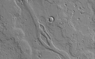 <h1>PIA08478:  Tharsis Potluck</h1><div class="PIA08478" lang="en" style="width:400px;text-align:left;margin:auto;background-color:#000;padding:10px;max-height:150px;overflow:auto;"><p>22 May 2006<br />This Mars Global Surveyor (MGS) Mars Orbiter Camera (MOC) image shows a portion of a dust-covered plain northwest of Jovis Tholus which is host to several overlapping, ancient lava flows and a channel containing streamlined features indicative of fluid flow.</p><p>Location near: 22.5°N, 122.3°W <br />Image width: ~3 km (~1.9 mi) <br />Illumination from: lower left <br />Season: Northern Spring </p><br /><br /><a href="http://photojournal.jpl.nasa.gov/catalog/PIA08478" onclick="window.open(this.href); return false;" title="Voir l'image 	 PIA08478:  Tharsis Potluck	  sur le site de la NASA">Voir l'image 	 PIA08478:  Tharsis Potluck	  sur le site de la NASA.</a></div>