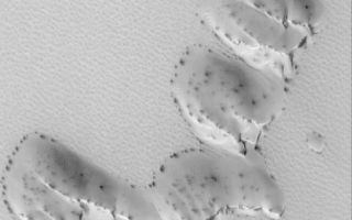 <h1>PIA08546:  Frosted Dunes</h1><div class="PIA08546" lang="en" style="width:578px;text-align:left;margin:auto;background-color:#000;padding:10px;max-height:150px;overflow:auto;"><p>17 June 2006<br />This Mars Global Surveyor (MGS) Mars Orbiter Camera (MOC) image shows a group of sand dunes, covered by seasonal carbon dioxide frost, in the martian north polar region. Over the course of northern hemisphere spring, the carbon dioxide frost sublimes away, slowly revealing the dark sand that makes up the dunes. The dark spots in this image may be patches of freshly-exposed sand, or they could be places where the CO2 frost has changed, either becoming rougher, coarser-grained (larger crystals), or both. A rougher or coarser-grained surface will appear darker because of an increase in shadowing of the surface by the small-scale roughness elements.</p><p>Location near: 75.2°N, 51.3°W <br />Image width: ~3 km (~1.9 mi) <br />Illumination from: lower left <br /> Season: Northern Spring </p><br /><br /><a href="http://photojournal.jpl.nasa.gov/catalog/PIA08546" onclick="window.open(this.href); return false;" title="Voir l'image 	 PIA08546:  Frosted Dunes	  sur le site de la NASA">Voir l'image 	 PIA08546:  Frosted Dunes	  sur le site de la NASA.</a></div>