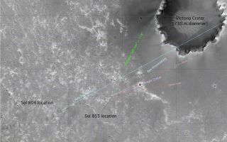 <h1>PIA08564:  'Beagle Crater' on Opportunity's Horizon (Orbital View)</h1><div class="PIA08564" lang="en" style="width:800px;text-align:left;margin:auto;background-color:#000;padding:10px;max-height:150px;overflow:auto;"><p>This image from the Mars Orbiter Camera aboard NASA's Mars Global Surveyor highlights the Mars Exploration Rover Opportunity's approach toward "Beagle Crater."</p><p>North is to the left. Opportunity's locations at sols 804 (April 29, 2006) and 855 (June 20, 2006) are marked, as are the left and right edges of the rim of "Victoria Crater" from the rover's point of view. The labeled "promontory" is a bright spot that scientists originally thought was an outcrop on the far side of the crater, based on the single azimuth measurement on sol 804 (see <a href="/catalog/PIA08447">PIA08447</a>). But comparing the azimuth angle of this feature in the sol 855 panorama and the angle of the same feature in the sol 804 panoramic image (a process known as triangulation) revealed that this outcrop must instead be on the near rim of the crater. Marked in salmon are two small craters beyond Beagle crater that are on the dark "annulus," or ring, around Victoria Crater.</p><p>Victoria Crater is 730 meters to 750 meters (nearly half a mile) in diameter, about six times wider than "Endurance Crater," where Opportunity spent several months in 2004 examining rock layers affected by ancient water.</p><p>This image is an uncalibrated version that the rover team uses for planning. It has been reprojected and stretched in some places and isn't used for scientific purposes.</p><br /><br /><a href="http://photojournal.jpl.nasa.gov/catalog/PIA08564" onclick="window.open(this.href); return false;" title="Voir l'image 	 PIA08564:  'Beagle Crater' on Opportunity's Horizon (Orbital View)	  sur le site de la NASA">Voir l'image 	 PIA08564:  'Beagle Crater' on Opportunity's Horizon (Orbital View)	  sur le site de la NASA.</a></div>