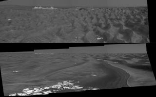 <h1>PIA08565:  Stretched View Showing 'Beagle Crater'</h1><div class="PIA08565" lang="en" style="width:800px;text-align:left;margin:auto;background-color:#000;padding:10px;max-height:150px;overflow:auto;"><p><a href="/figures/PIA08565_fig1.jpg"></a><br />Figure 1</p><p>This imagery from the panoramic camera on NASA's Mars Exploration Rover Opportunity shows the outcrop-rimmed "Beagle Crater" appearing on the horizon as Opportunity approaches it. The top version is vertically stretched to make horizon details easier to see. The lower version has normal proportions. The image is a mosaic of frames taken during Opportunity's 855th Martian day, or sol (June 20, 2006).</p><p>Beagle Crater is 35 meters (115 feet) in diameter. The Opportunity science and engineering teams hope to have the rover visit it on the way to "Victoria Crater." Beagle Crater was 310 meters (1,107 feet) away from Opportunity when this picture was taken. Even at this distance, blocks of ejecta can be seen around the prominent, raised rim of Beagle crater, suggesting that it may be among the youngest craters visited by Opportunity.</p><p>When scientists using orbital data calculated that they should be able to detect Victoria's rim in rover images, they scrutinized frames taken in the direction of the crater by the panoramic camera. To positively characterize the subtle horizon profile of the crater and some of the features leading up to it, researchers created this vertically-stretched image (top). The stretched image makes mild nearby dunes look like more threatening peaks, but that is only a result of the exaggerated vertical dimension. This vertical stretch technique was first applied to Viking Lander 2 panoramas by Philip Stooke, of the University of Western Ontario, Canada, to help locate the lander with respect to orbiter images. Vertically stretching the image allows features to be more readily identified by the Mars Exploration Rover science team. The bright white dot on the horizon near the upper left corner of the panorama, labeled "Outcrop Promontory," was thought to be a light-toned outcrop on the far wall of Victoria, based on a single azimuth measurement on sol 804 (April 28, 2006), suggesting that the rover was seeing over the low rim of Victoria. But comparing the azimuth angle of this feature in the sol 855 panorama and the angle of the same feature in the sol 804 panoramic image, <a href="/catalog/PIA08447">PIA08447</a> (a process known as triangulation) revealed that this outcrop must instead be on the near rim of the crater.</p><p>The southeast rim of Victoria is labeled in bright green. The northeast rim is beyond the left edge of this panorama. The salmon-color lines and arrows highlight two small craters on the dark "annulus," or ring, around Victoria Crater.</p><br /><br /><a href="http://photojournal.jpl.nasa.gov/catalog/PIA08565" onclick="window.open(this.href); return false;" title="Voir l'image 	 PIA08565:  Stretched View Showing 'Beagle Crater'	  sur le site de la NASA">Voir l'image 	 PIA08565:  Stretched View Showing 'Beagle Crater'	  sur le site de la NASA.</a></div>