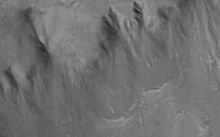 <h1>PIA08638:  Northern Gullies</h1><div class="PIA08638" lang="en" style="width:796px;text-align:left;margin:auto;background-color:#000;padding:10px;max-height:150px;overflow:auto;"><p>3 August 2006<br />This Mars Global Surveyor (MGS) Mars Orbiter Camera (MOC) image shows a group of gullies formed on the equator-facing wall of a north mid-latitude crater. Gullies such as these might have formed from the erosive forces of liquid water.<p>Location near: 49.4°N, 56.1°W <br />Image width: ~3 km (~1.9 mi) <br />Illumination from: lower left <br />Season: Northern Spring</p><br /><br /><a href="http://photojournal.jpl.nasa.gov/catalog/PIA08638" onclick="window.open(this.href); return false;" title="Voir l'image 	 PIA08638:  Northern Gullies	  sur le site de la NASA">Voir l'image 	 PIA08638:  Northern Gullies	  sur le site de la NASA.</a></div>
