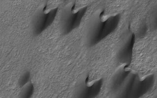 <h1>PIA08703:  Archangel's Dunes</h1><div class="PIA08703" lang="en" style="width:696px;text-align:left;margin:auto;background-color:#000;padding:10px;max-height:150px;overflow:auto;"><p>24 August 2006<br />This Mars Global Surveyor (MGS) Mars Orbiter Camera (MOC) image shows dark sand dunes in Arkhangelsky Crater, named for A. D. Arkhangelsky (1879-1940), an influential, early Russian geologist. The steepest slopes on these dunes, their slip faces, point toward the northeast (upper right), indicating formative winds from the southwest.</p><p>Location near: 41.3°S, 25.0°W <br />Image width: ~3 km (~1.9 mi) <br />Illumination from: upper left <br />Season: Southern Autumn </p><br /><br /><a href="http://photojournal.jpl.nasa.gov/catalog/PIA08703" onclick="window.open(this.href); return false;" title="Voir l'image 	 PIA08703:  Archangel's Dunes	  sur le site de la NASA">Voir l'image 	 PIA08703:  Archangel's Dunes	  sur le site de la NASA.</a></div>