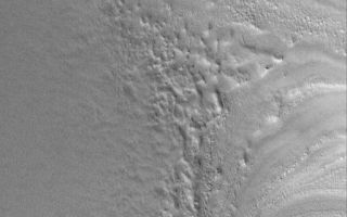<h1>PIA08726:  Polar Terminus</h1><div class="PIA08726" lang="en" style="width:512px;text-align:left;margin:auto;background-color:#000;padding:10px;max-height:150px;overflow:auto;"><p>6 September 2006<br />This Mars Global Surveyor (MGS) Mars Orbiter Camera (MOC) image shows the termination (end) of a group of layers in the north polar region of Mars, where they have been buried by younger, smoother-surfaced material. The layers are the banded features at the right/lower right. They are emerging by erosion from beneath the smoother material that dominates the scene. As the smooth material erodes, its margins become rough and rugged. No one knows the composition of the layered materials of the north polar region; most believe that they are a mixture of various proportions of ice, dust, and in some places, sand.</p><p>Location near: 81.3°N, 293.1°W <br />Image width: ~3 km (~1.9 mi) <br />Illumination from: lower left <br />Season: Northern Spring </p><br /><br /><a href="http://photojournal.jpl.nasa.gov/catalog/PIA08726" onclick="window.open(this.href); return false;" title="Voir l'image 	 PIA08726:  Polar Terminus	  sur le site de la NASA">Voir l'image 	 PIA08726:  Polar Terminus	  sur le site de la NASA.</a></div>