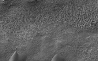 <h1>PIA08757:  Sandy Dunes</h1><div class="PIA08757" lang="en" style="width:641px;text-align:left;margin:auto;background-color:#000;padding:10px;max-height:150px;overflow:auto;"><p>14 September 2006<br />This Mars Global Surveyor (MGS) Mars Orbiter Camera (MOC) image shows dark sand dunes, with a thin coating of autumn frost, in the Ogygis Regio west of Argyre basin. The steepest slopes on the dunes, their slip faces, point toward the north-northeast (upper right), indicating that the dominant winds in the region blow from the south-southwest (lower left).</p><p>Location near: 50.4°S, 66.6°W <br />Image width: ~3 km (~1.9 mi) <br />Illumination from: upper left <br />Season: Southern Autumn </p><br /><br /><a href="http://photojournal.jpl.nasa.gov/catalog/PIA08757" onclick="window.open(this.href); return false;" title="Voir l'image 	 PIA08757:  Sandy Dunes	  sur le site de la NASA">Voir l'image 	 PIA08757:  Sandy Dunes	  sur le site de la NASA.</a></div>